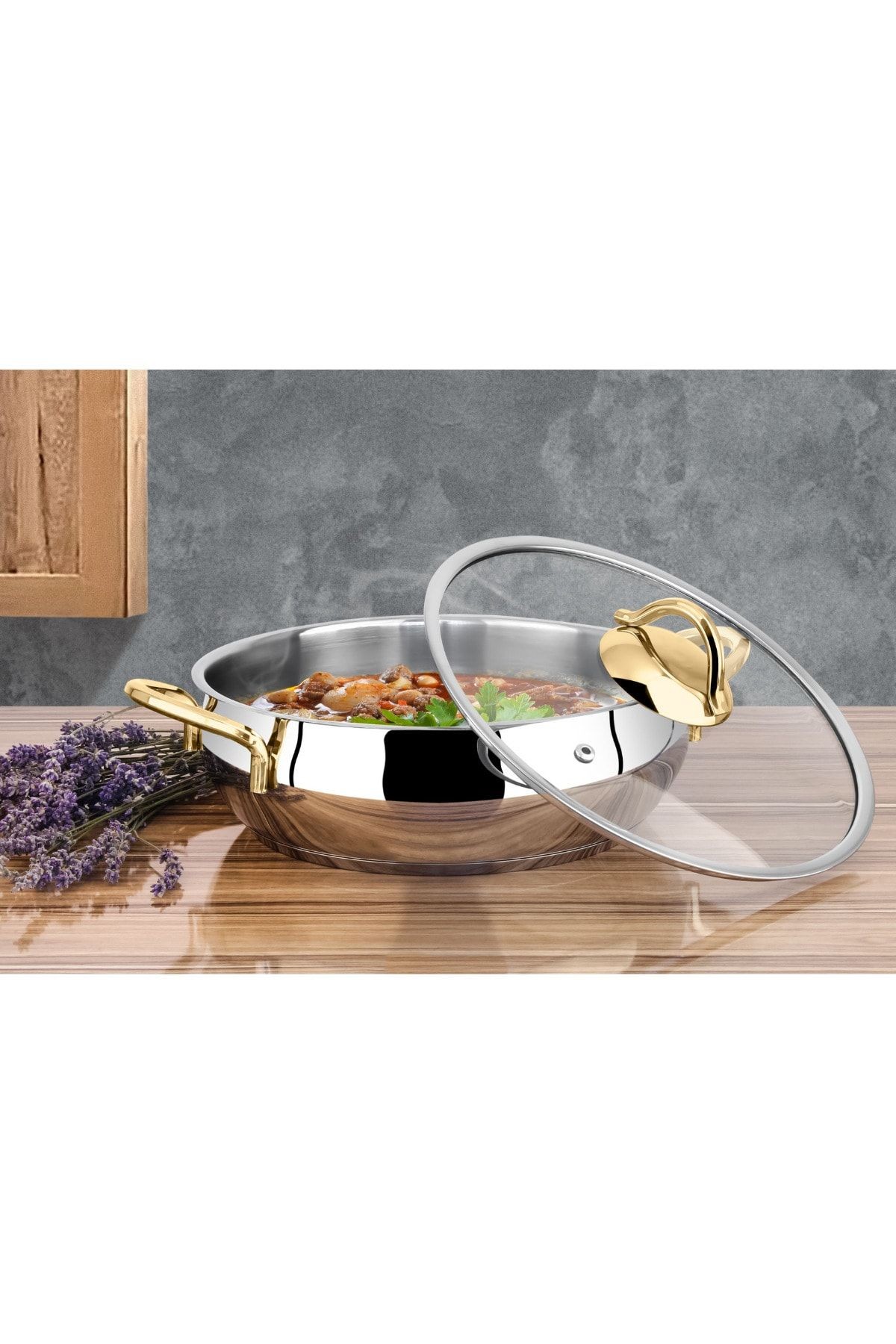 Zeycan 24 Cm Basık Küre Çelik Tencere Altın Metal Kulp - 2 Prç.- Cam Kapak