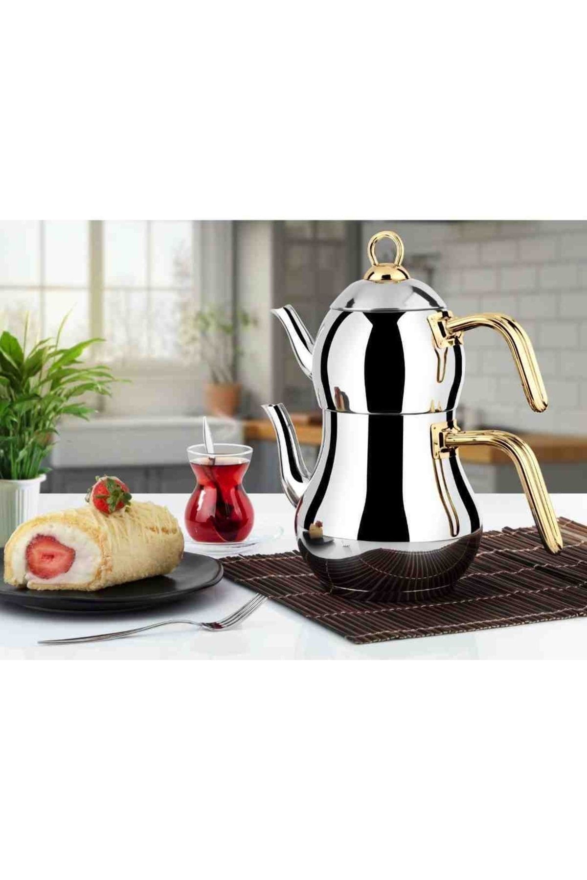 Şahmeran Çelik Çaydanlık Altın Metal Kulp - Mini Boy