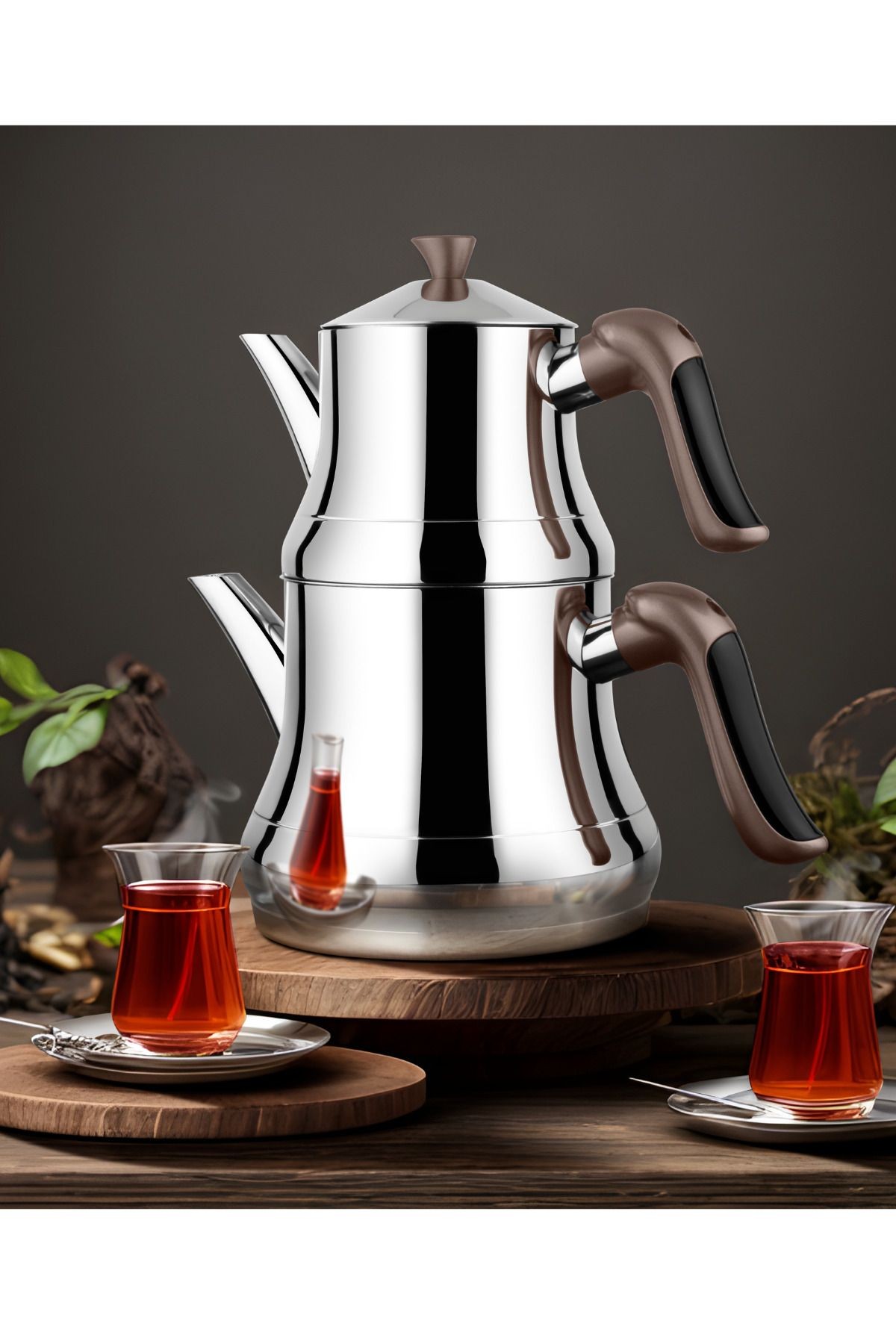 Naz Kristal Serisi Paslanmaz Çelik Çaydanlık Orta Boy - Demlik 0,75 Litre Suluk 1,75 Litre