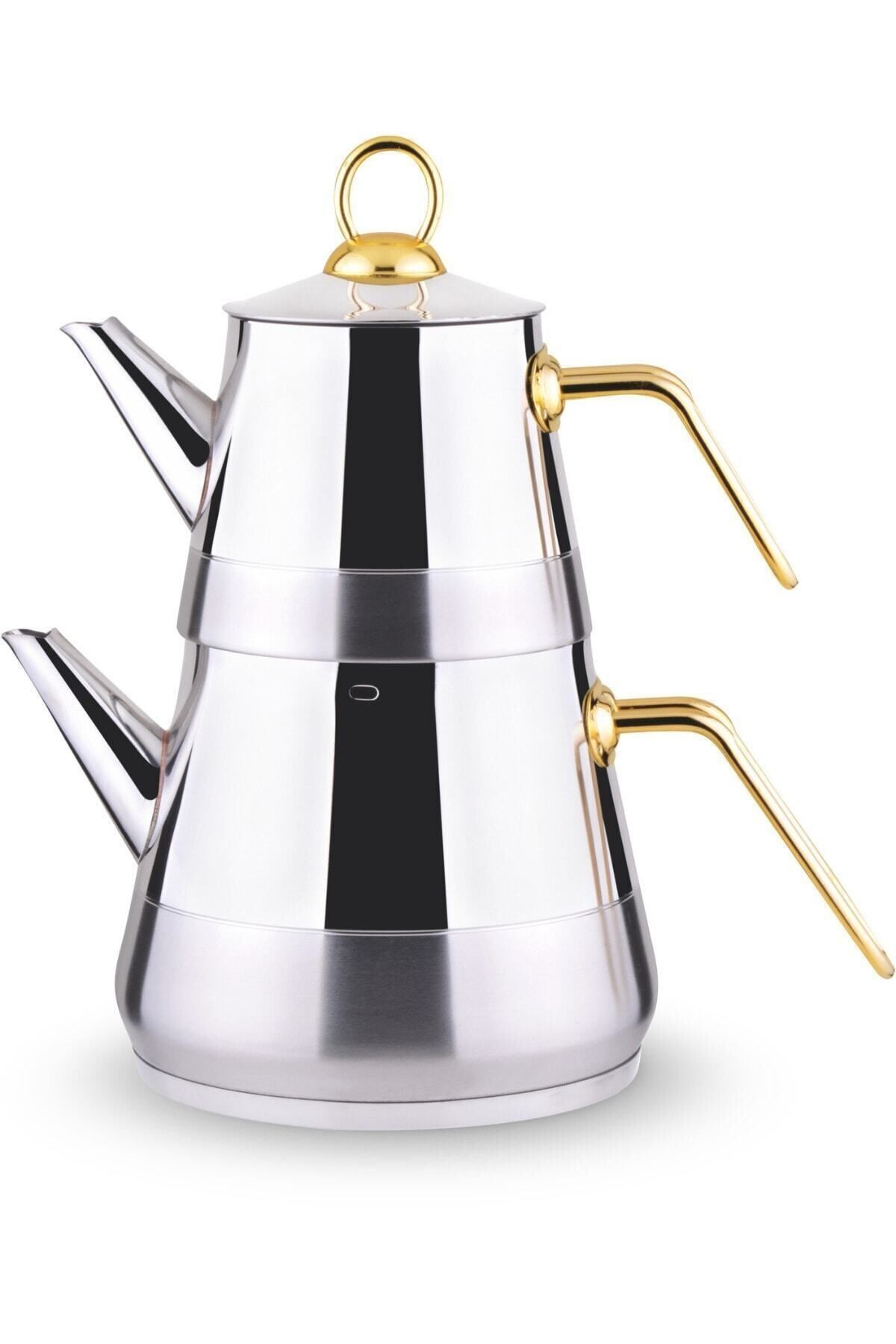 Piramit Altın Metal Kulp Paslanmaz Çelik Çaydanlık Mini Boy - Demlik 0,60 Lt Suluk 1,50 Lt