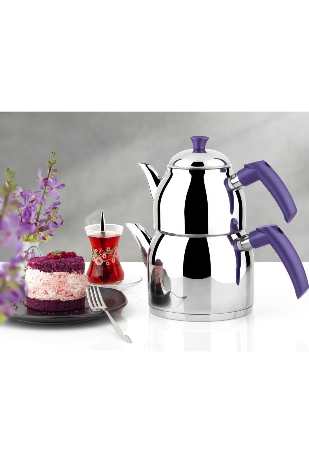 Yonca Firuze Çelik Çaydanlık Soft Kulp Mor- Midi Boy (demlik ; 0,50 Lt. Suluk ; 0,90 Lt. )