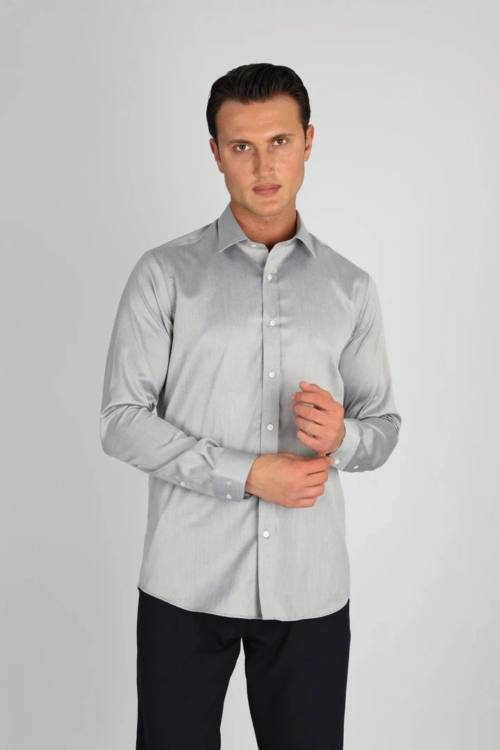 ENZO FERRETTI EF16 S 503 GRİ NON-IRON ÇİFT KAT İPLİK, SLIM FIT,ERKEK GÖMLEK