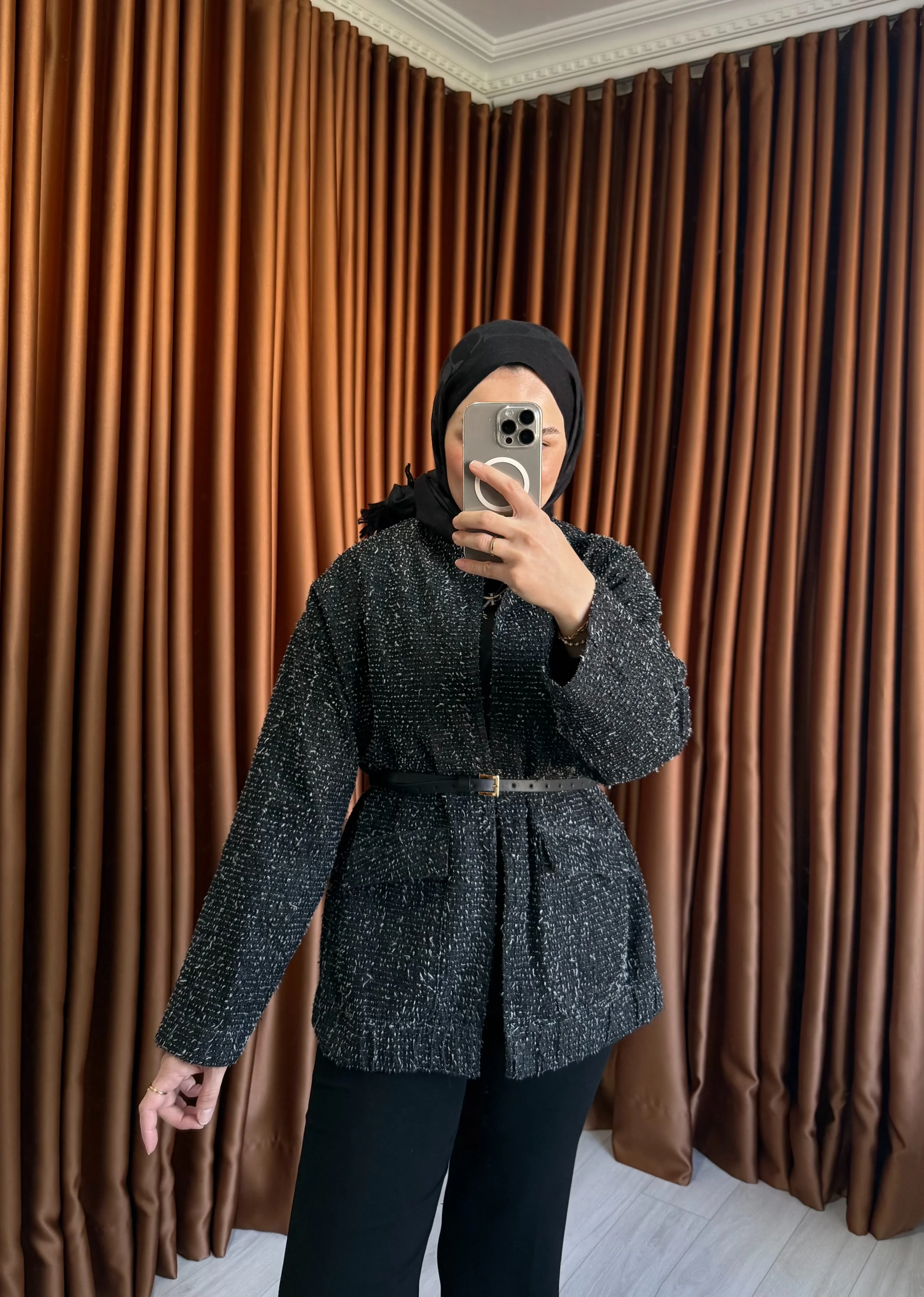Kemerli Denim Ceket - Siyah
