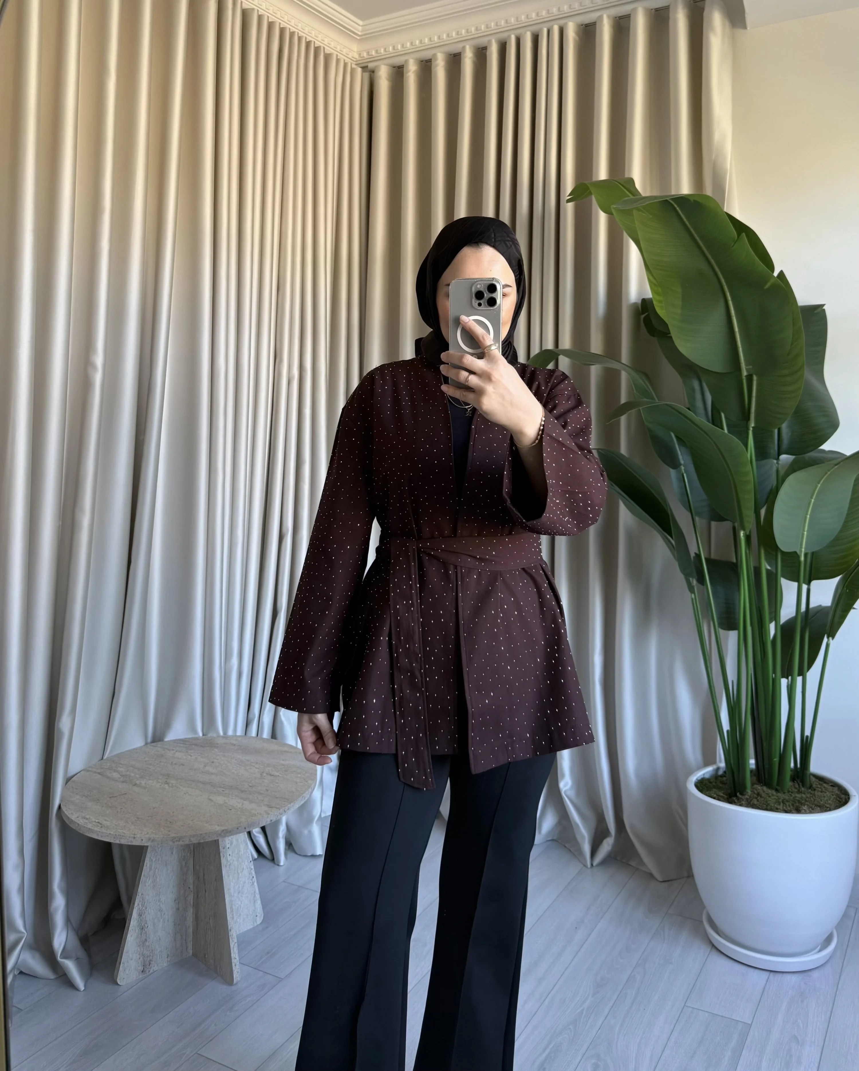 Taşlı Gabardin Kimono - Kahve