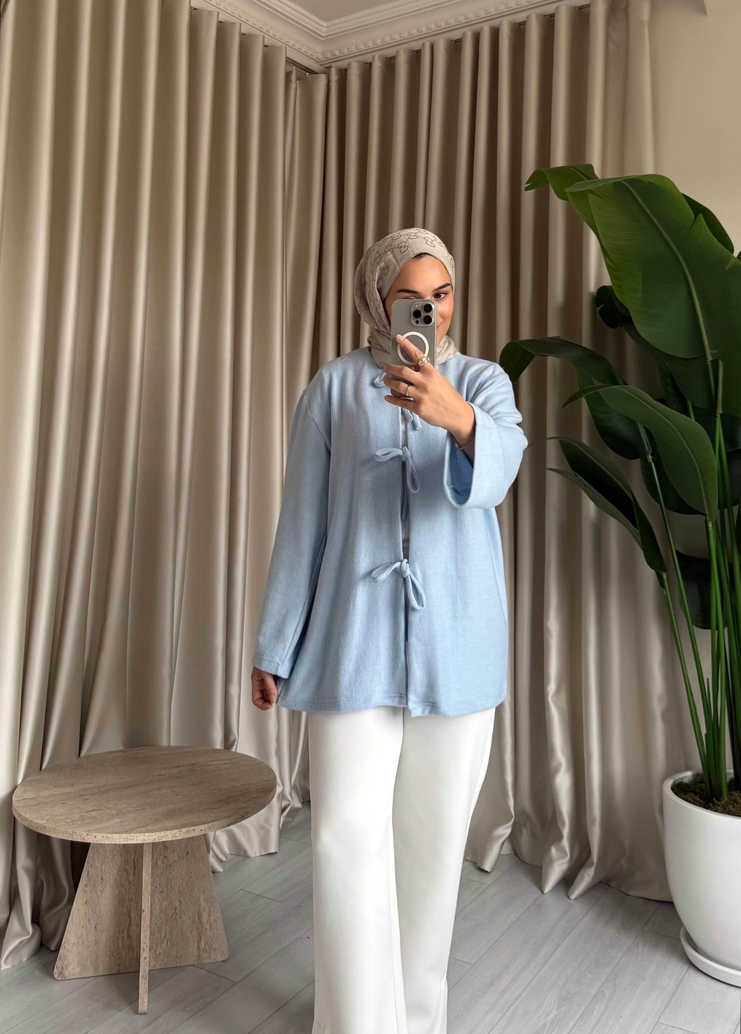 Önden Bağlamalı Triko Kimono - Mavi