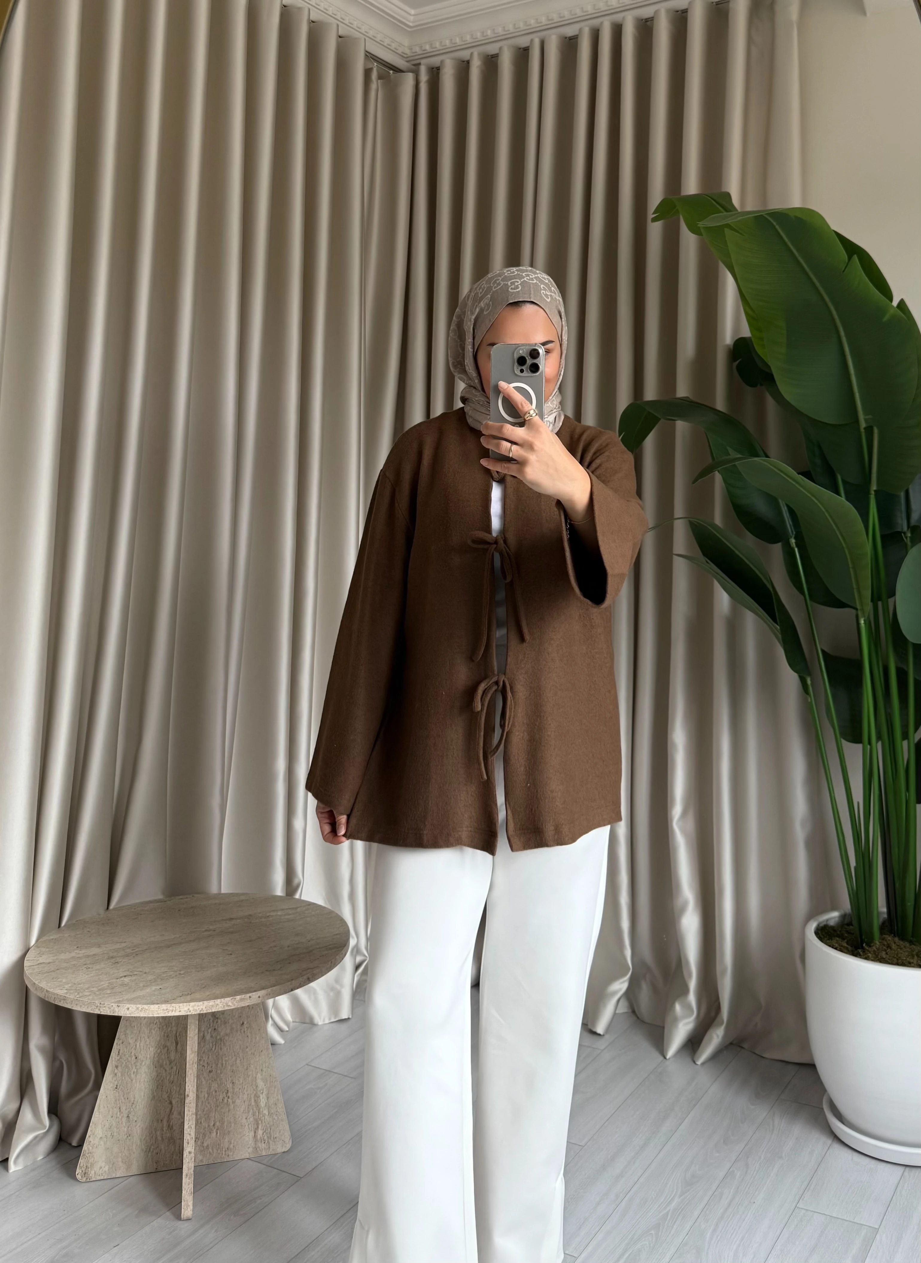 Önden Bağlamalı Triko Kimono - Kahve