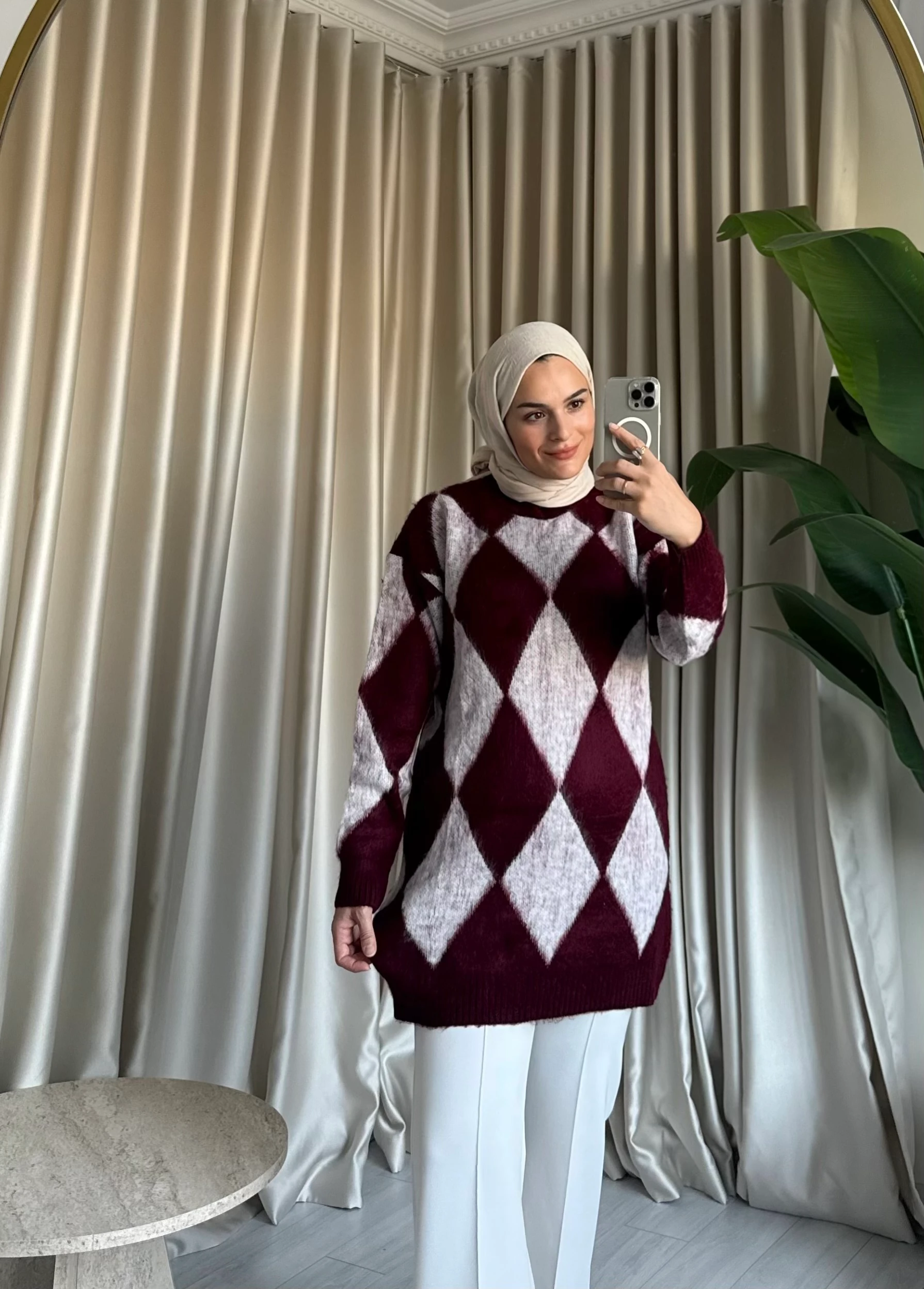 Baklava Desenli Kazak - Bordo