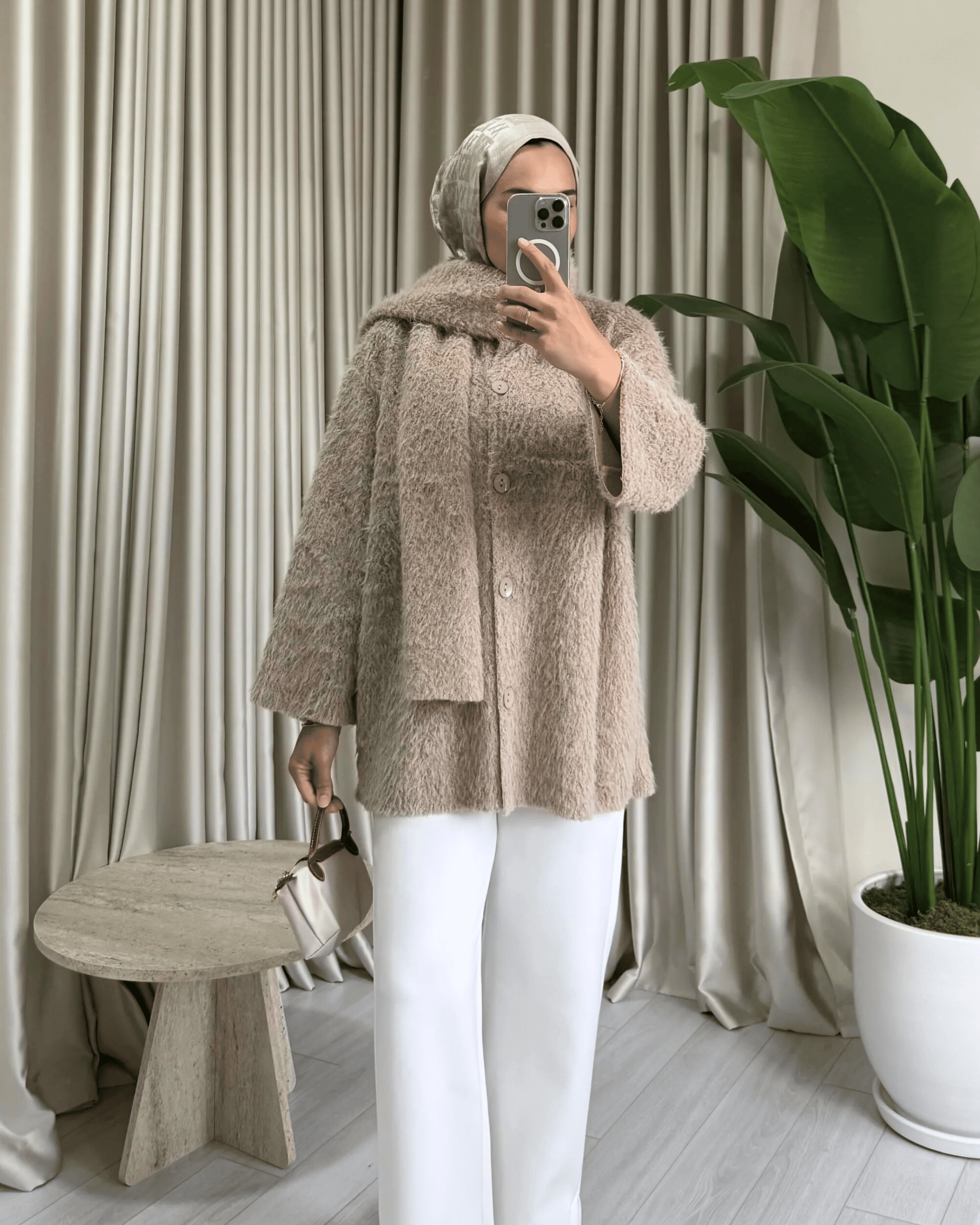 Atkılı Peluş Ceket - Vizon