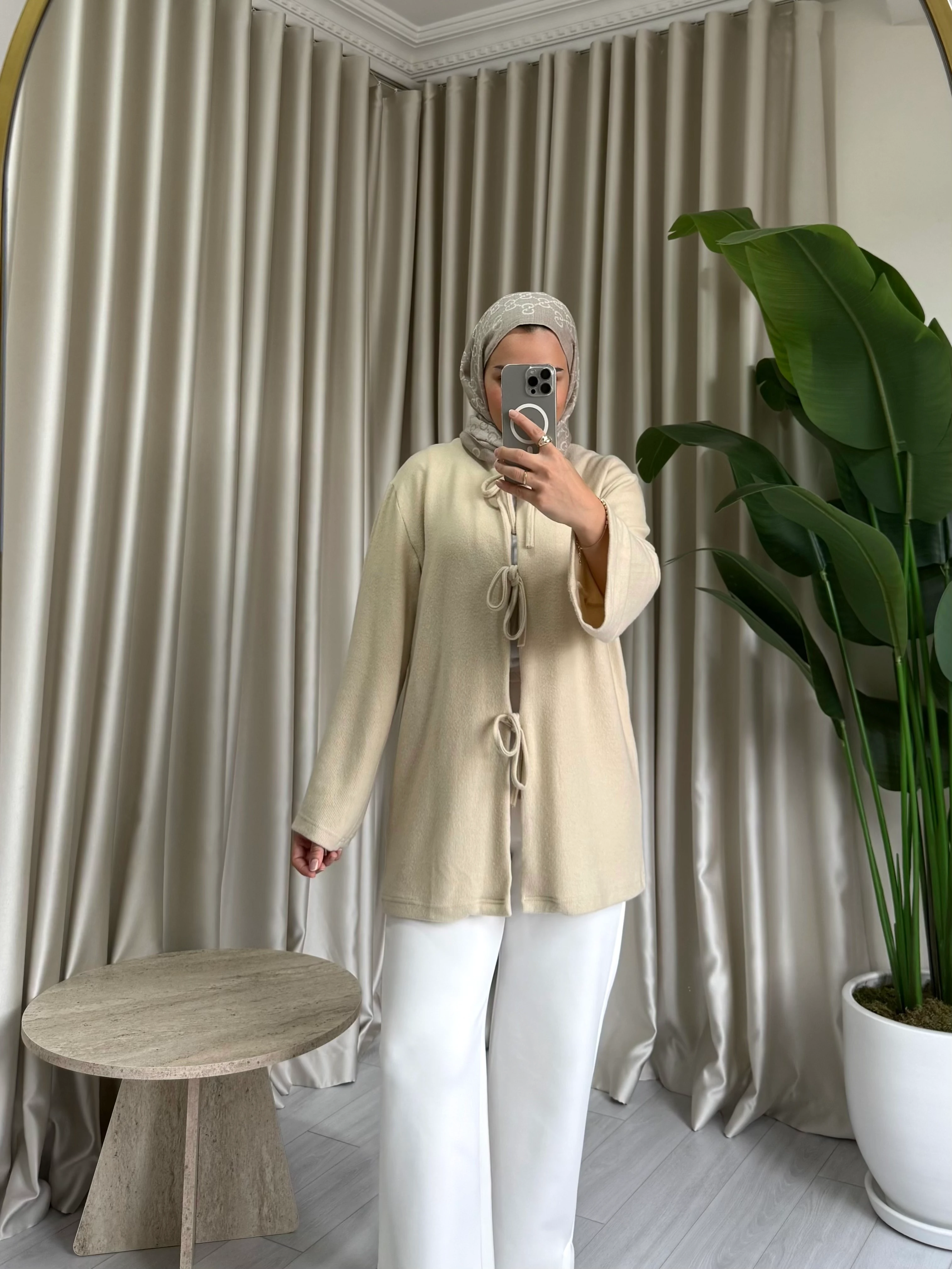 Önden Bağlamalı Triko Kimono - Bej