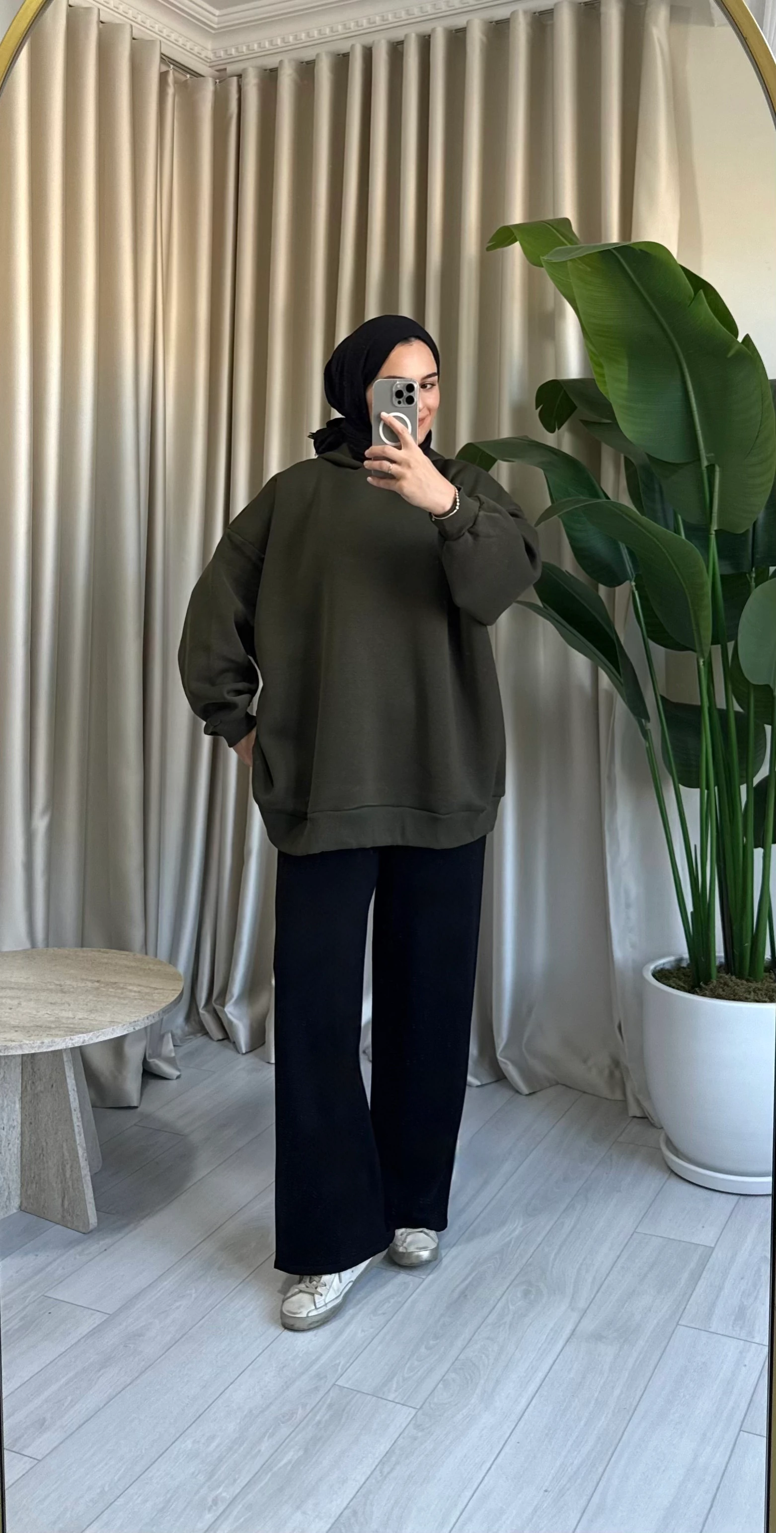 Kapüşonlu Oversize Şardonlu Sweatshirt - Haki