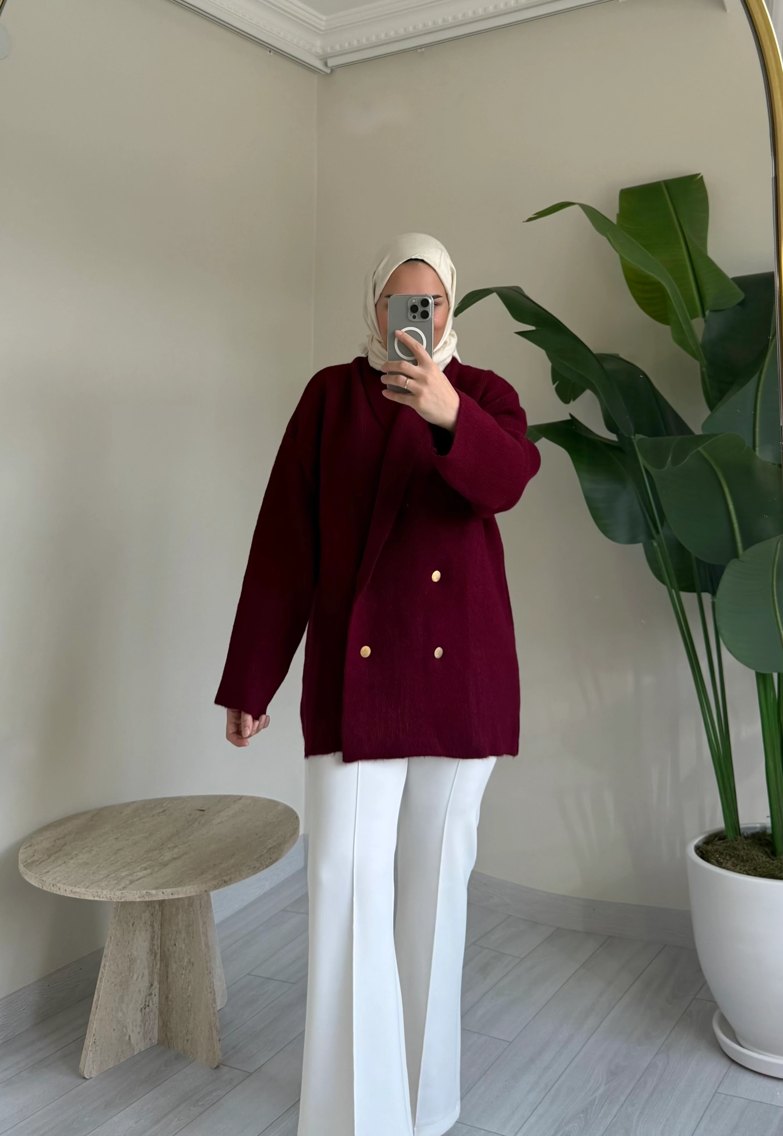 Gold Düğmeli Hırka - Bordo