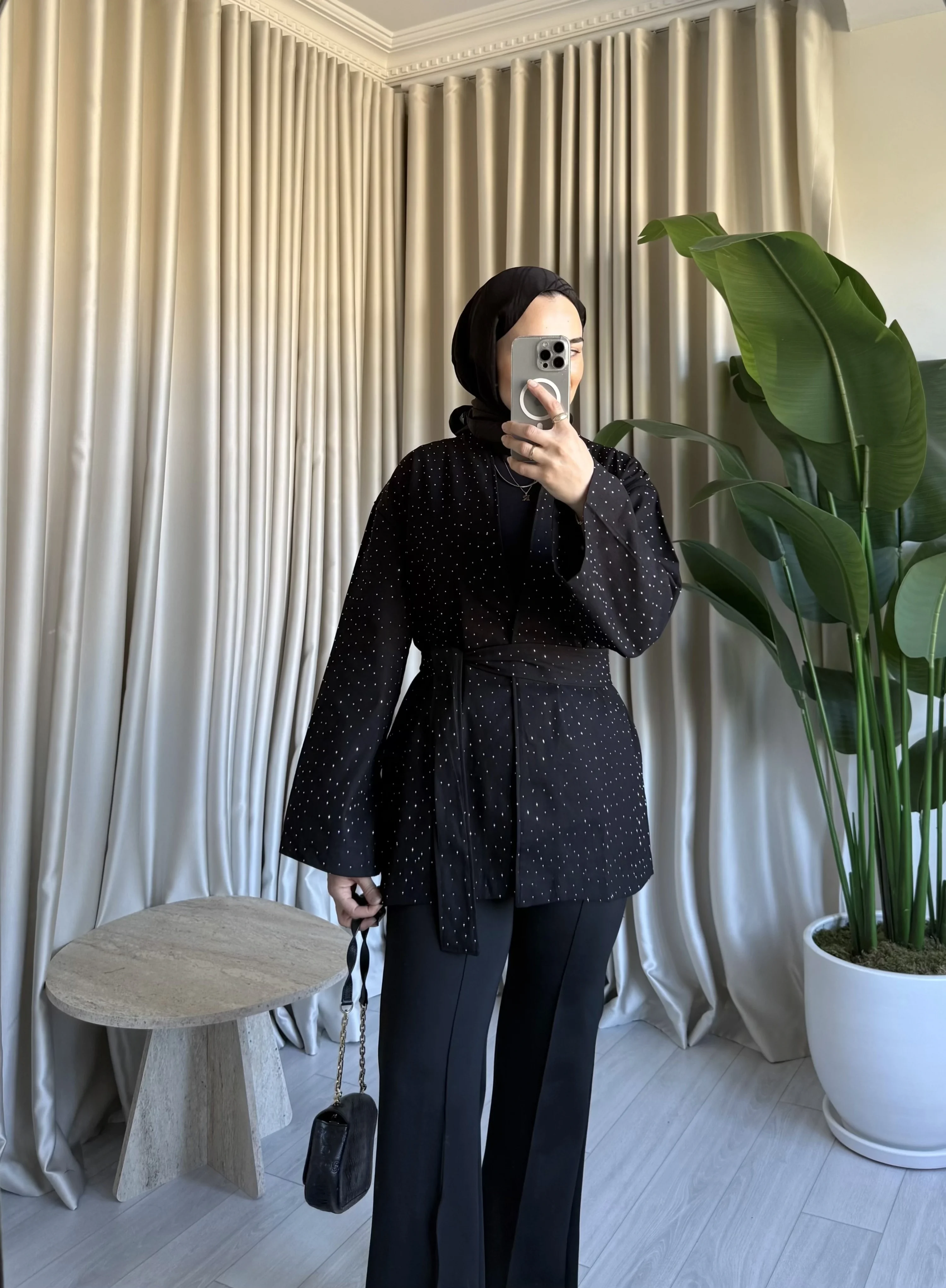 Taşlı Gabardin Kimono - Siyah