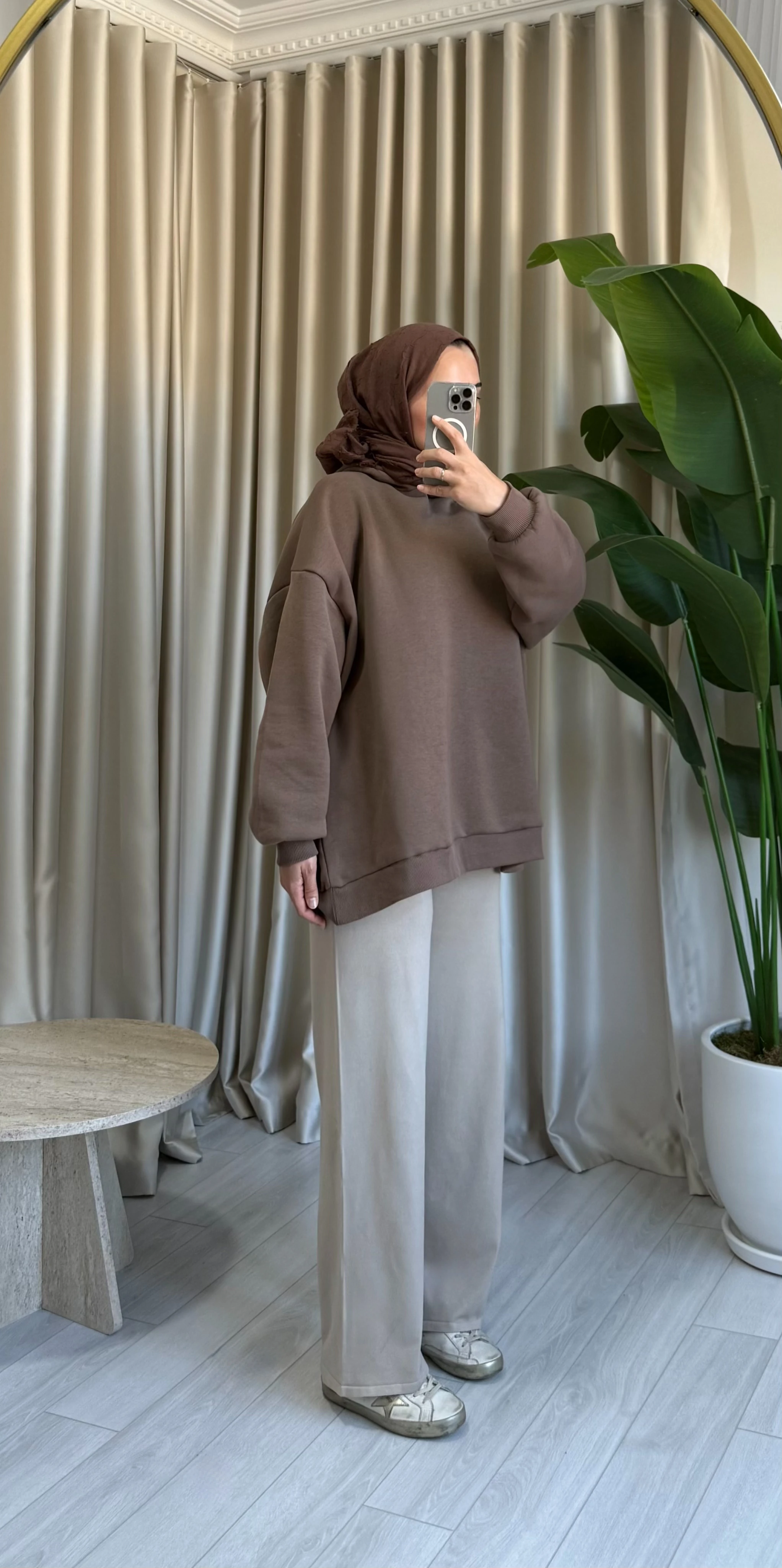 Kapüşonlu Oversize Şardonlu Sweatshirt - Kahve