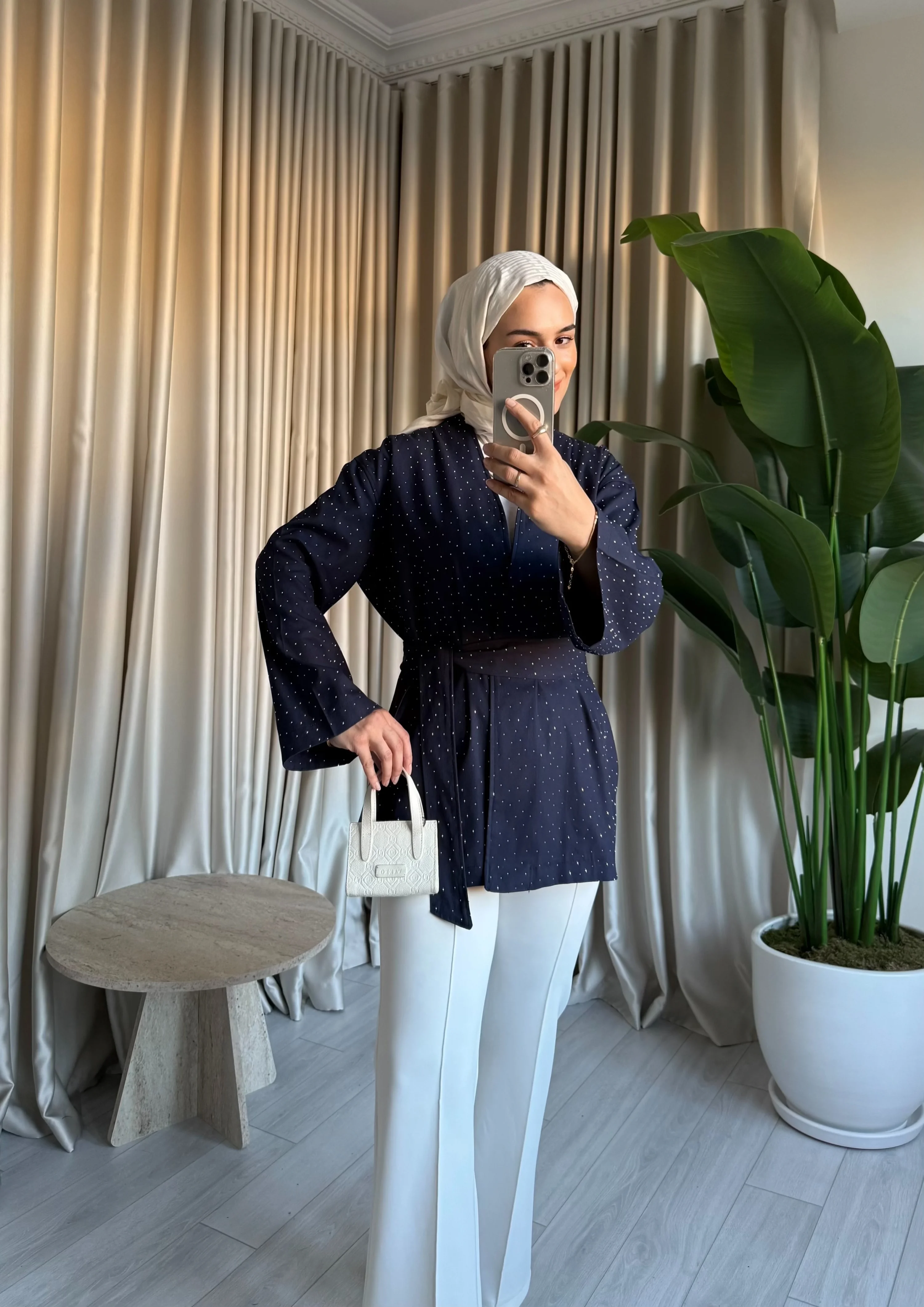 Taşlı Gabardin Kimono - Lacivert