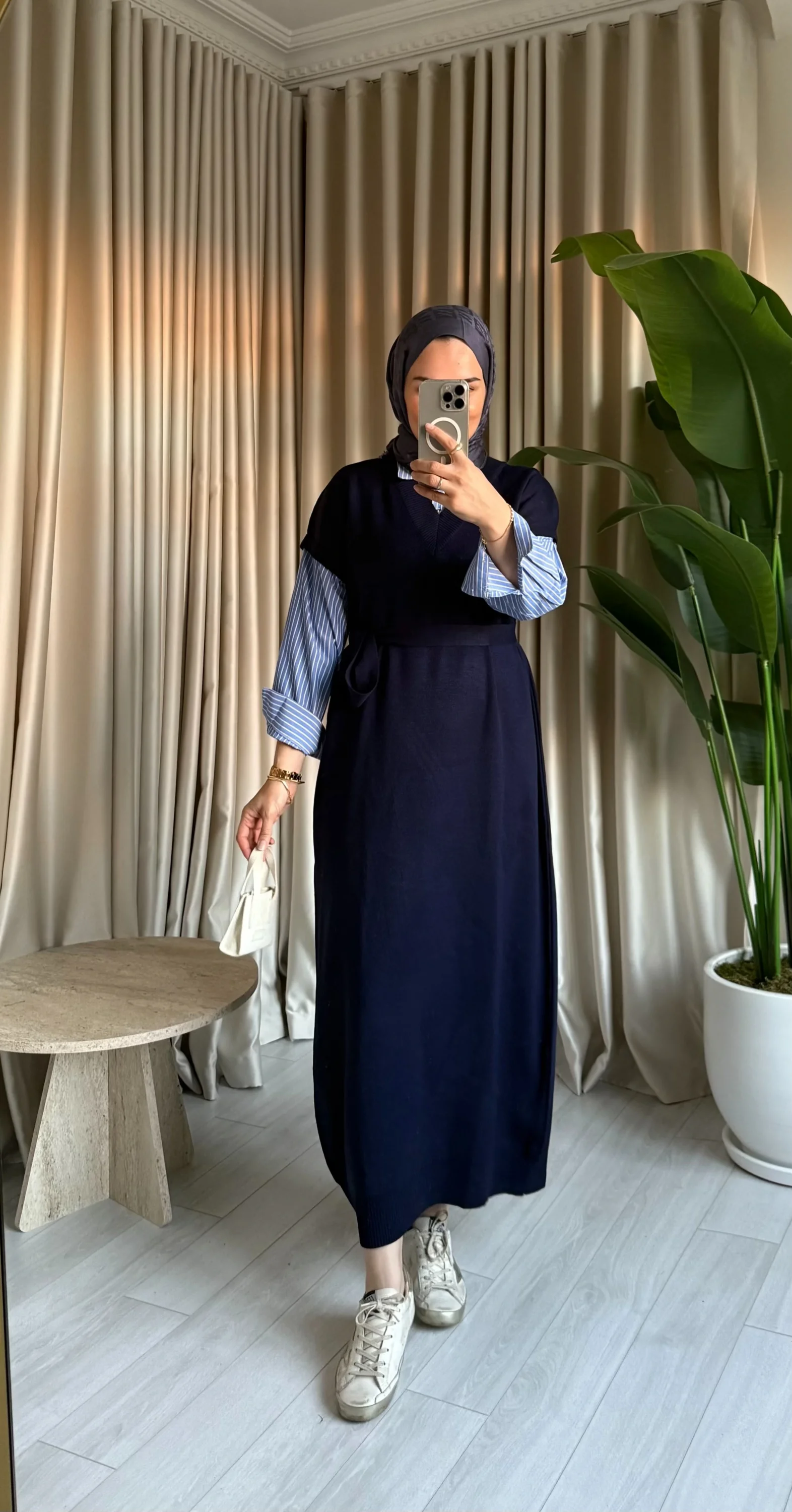 Poplin Detaylı Triko Elbise - Lacivert