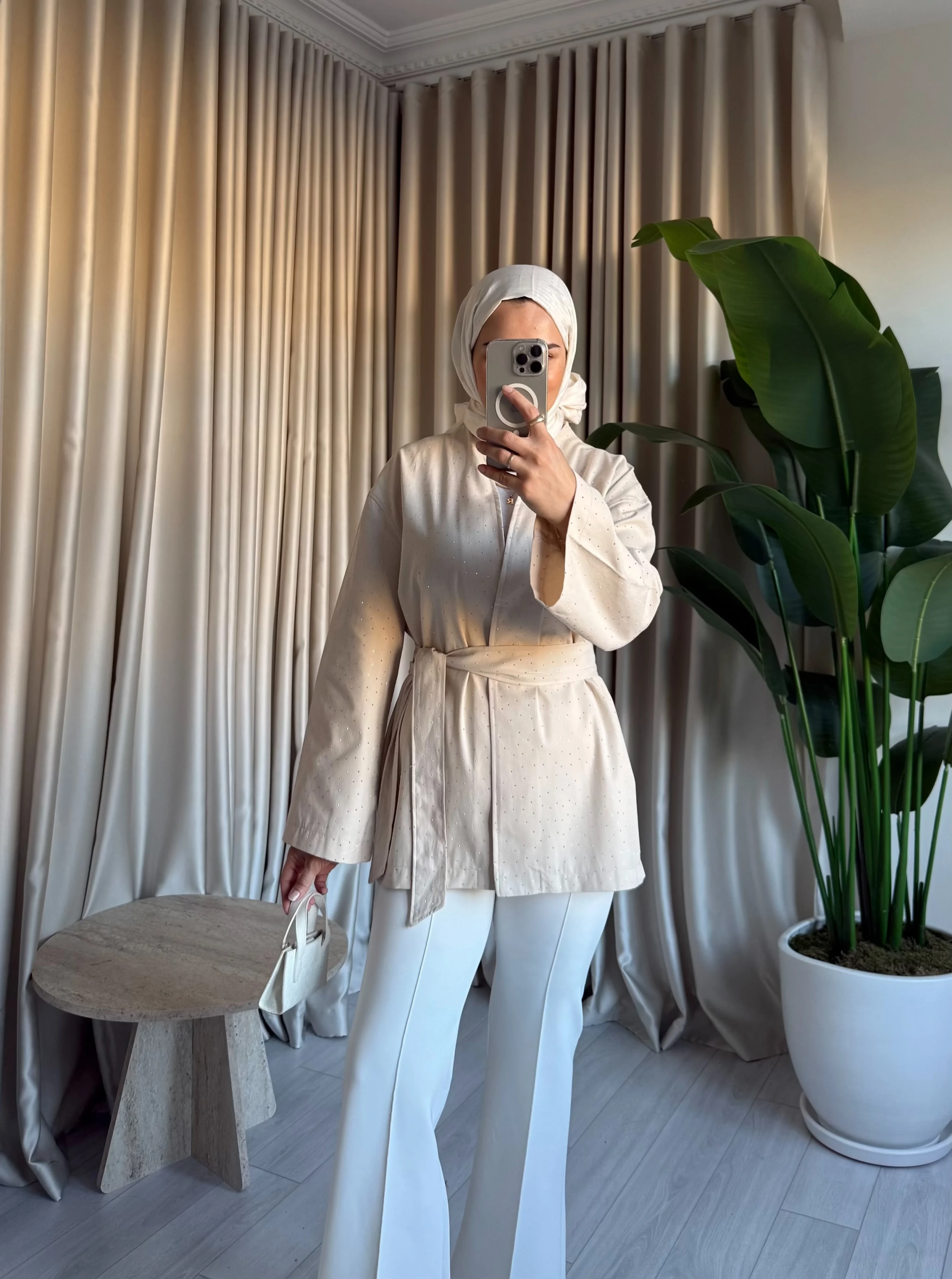 Taşlı Gabardin Kimono - Bej