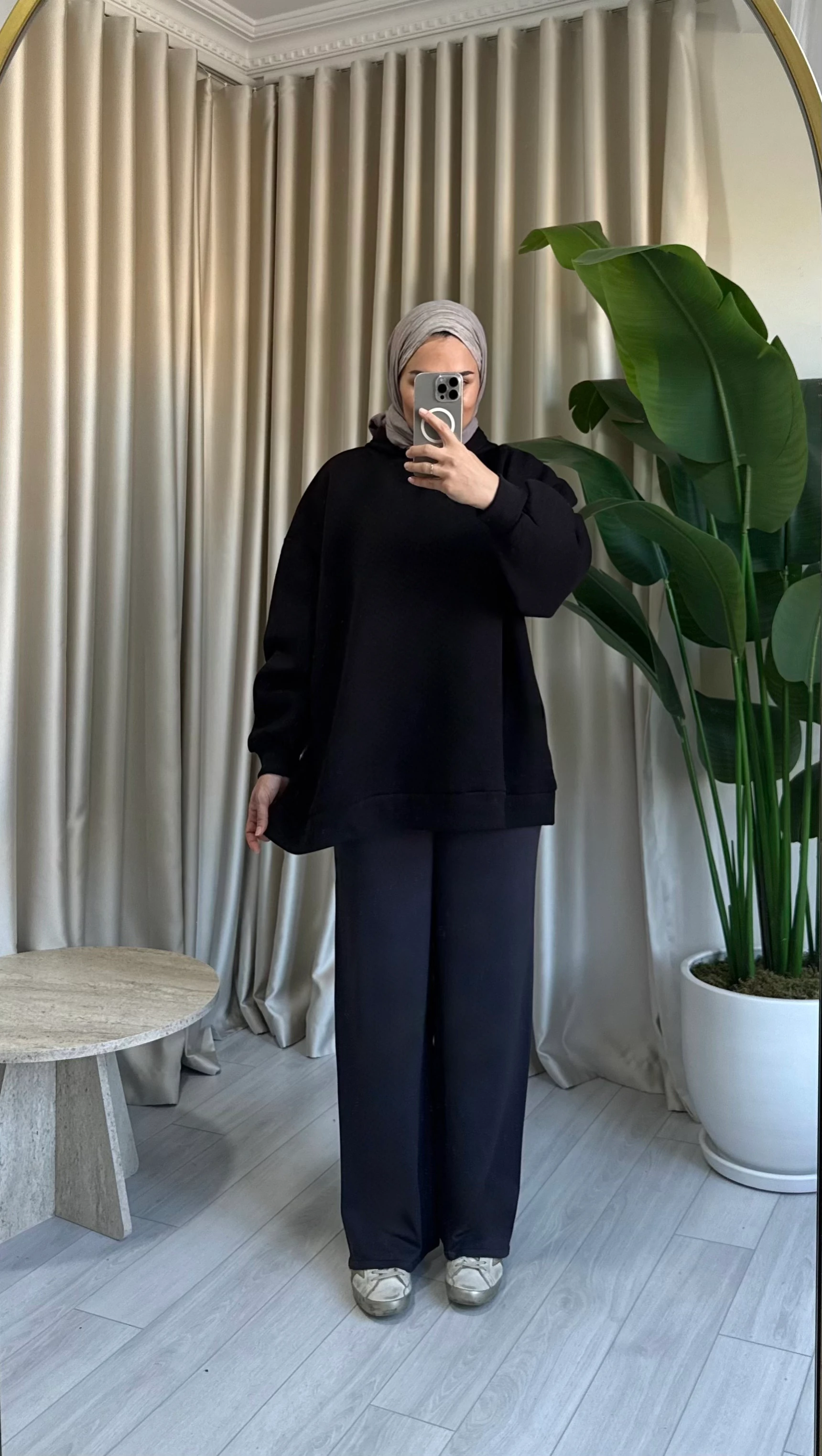 Kapüşonlu Oversize Şardonlu Sweatshirt - Siyah