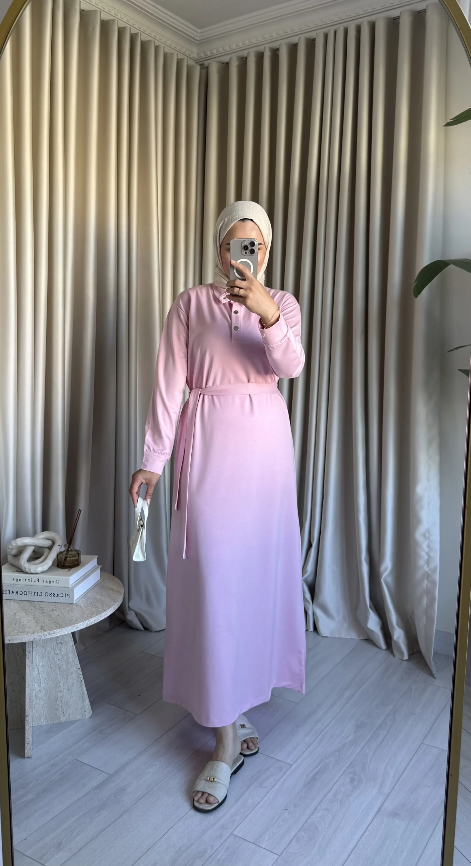 Yüksek Yaka Çıtçıtlı Elbise - Pembe