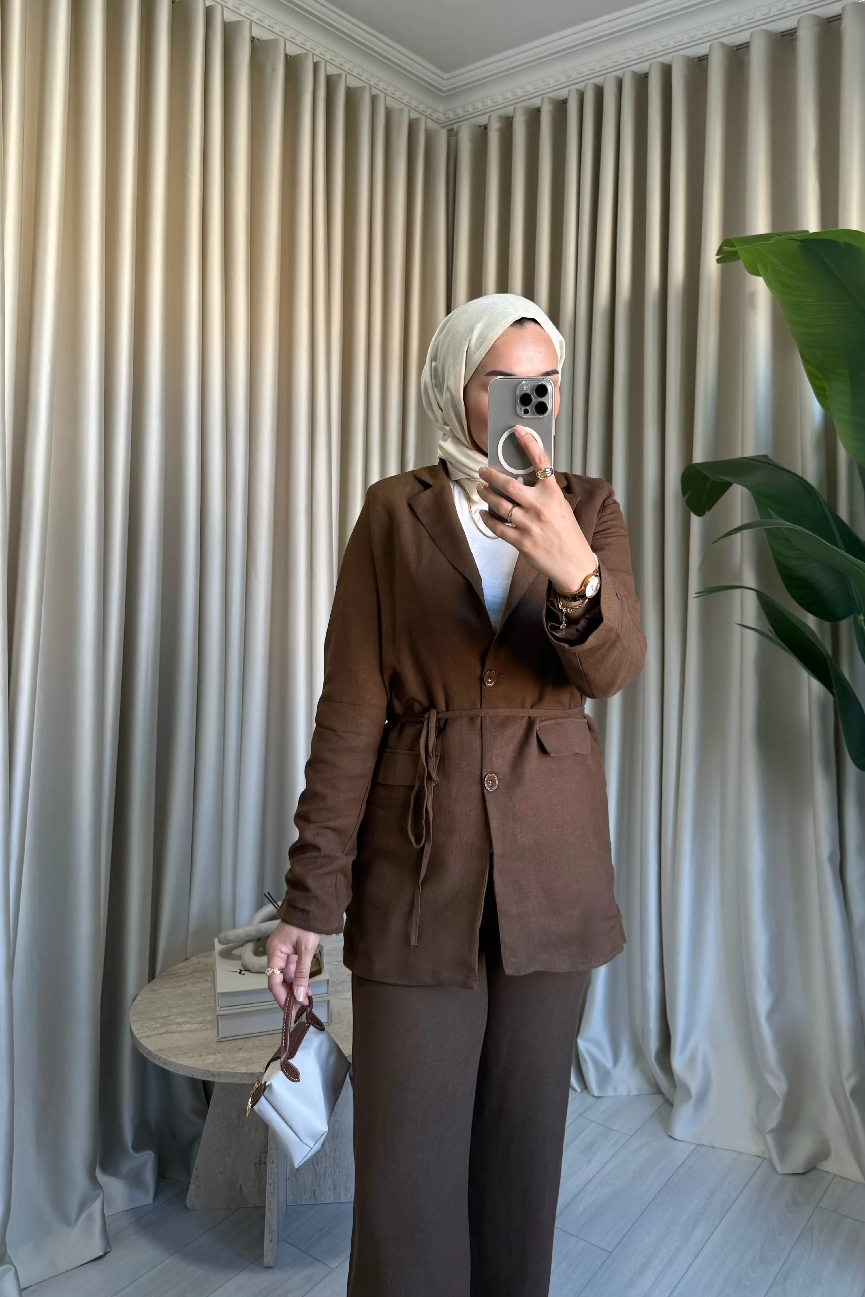 Keten Blazer Ceket - Kahve