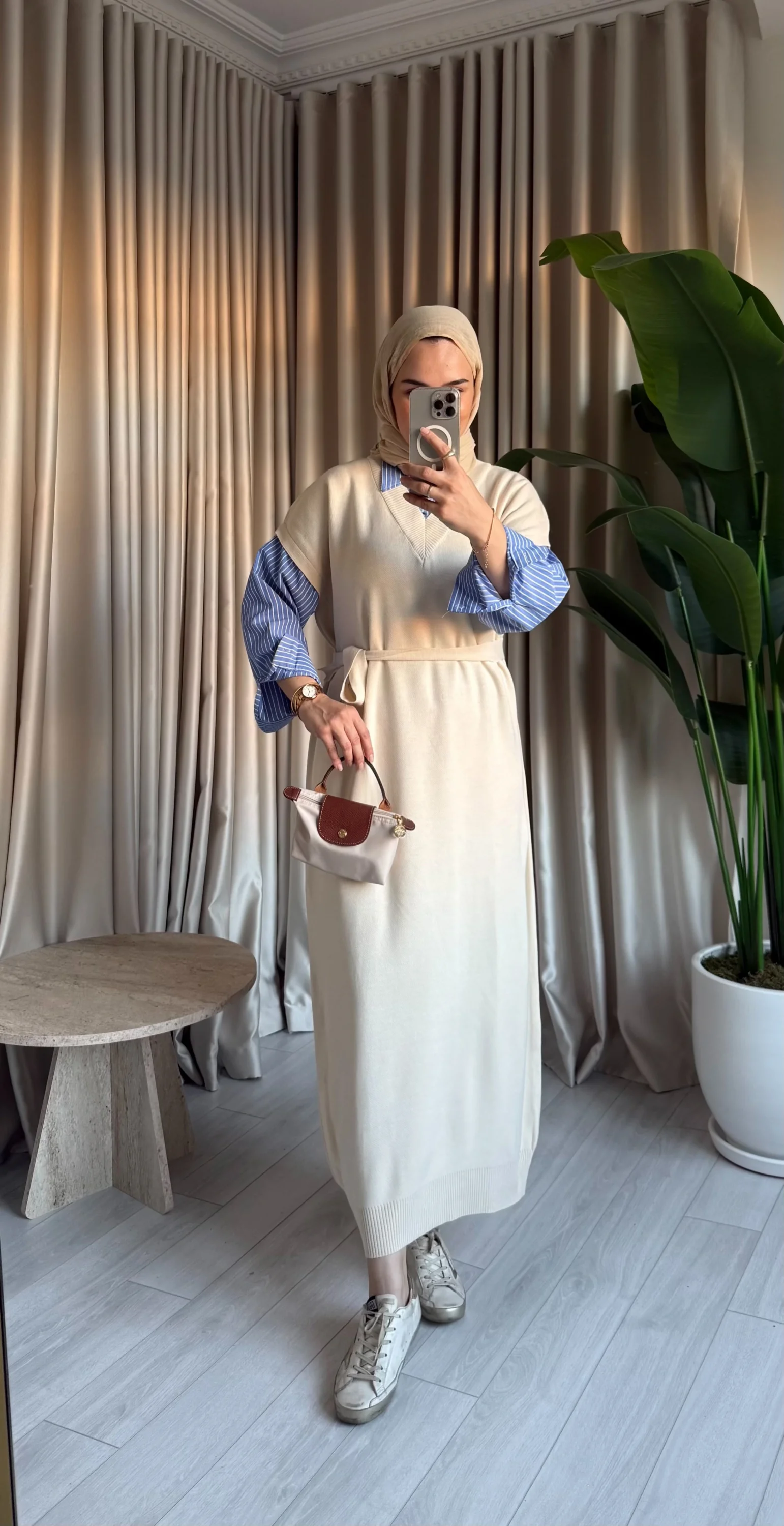 Poplin Detaylı Triko Elbise - Bej