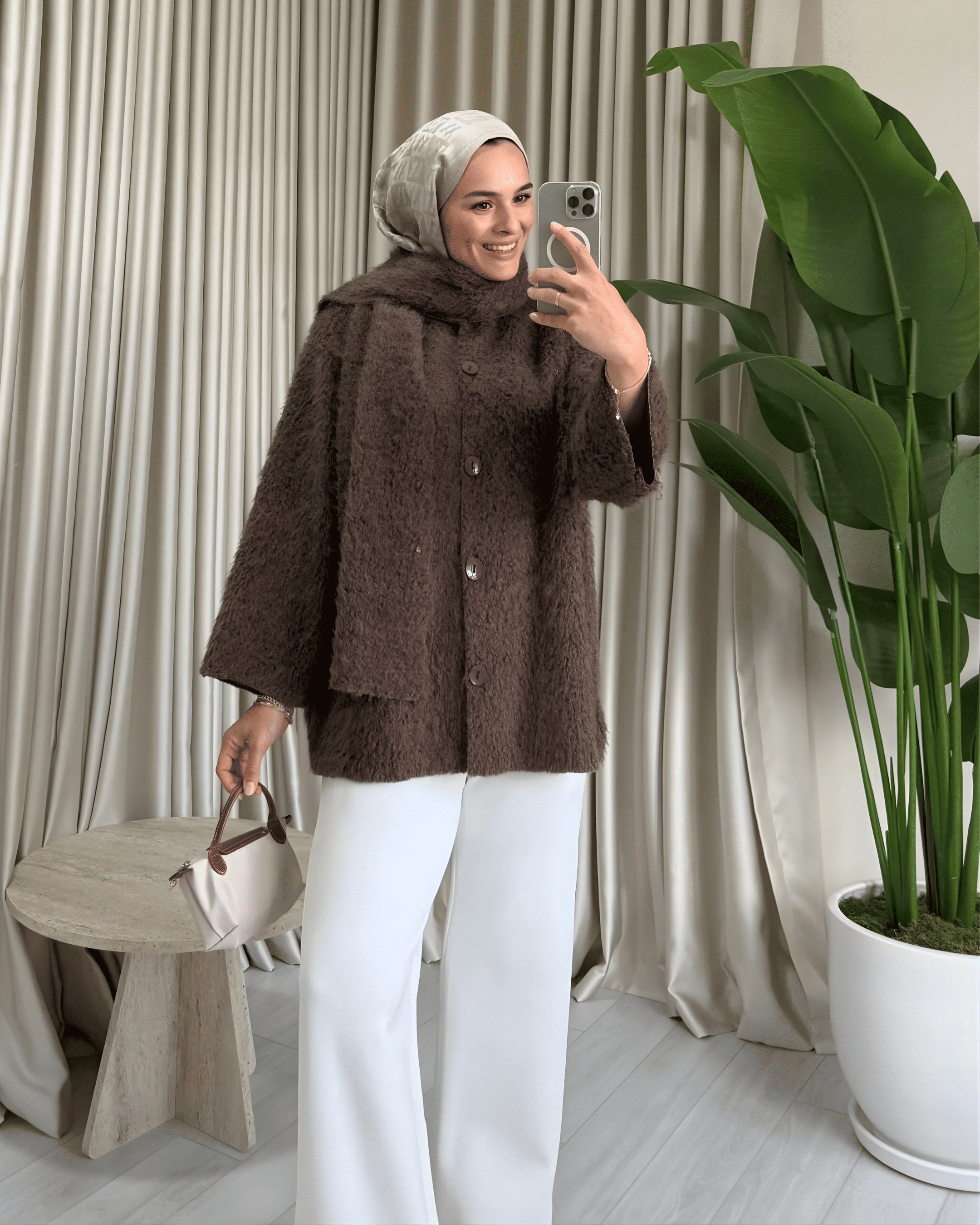Atkılı Peluş Ceket - Kahve