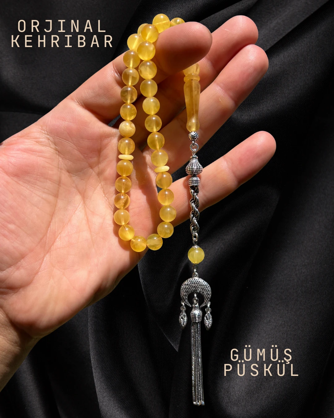 Sertifikalı Baltık Kehribar Tesbih - Gümüş Püskül Tasarım