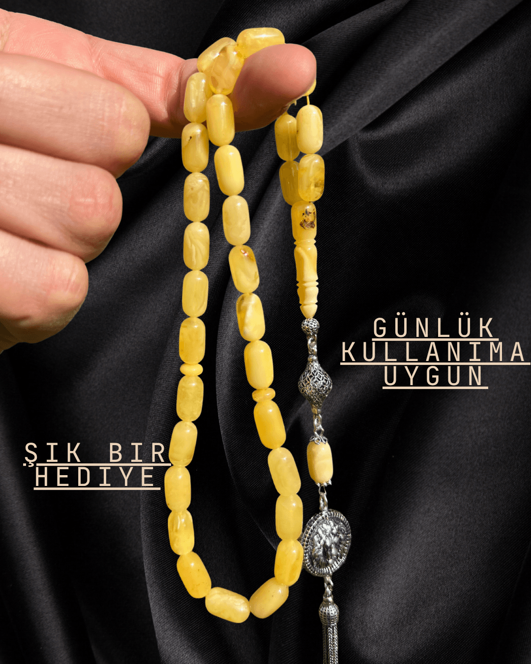 Damla Kehribar Tesbih-925 Ayar Gümüş Püskül Tasarım