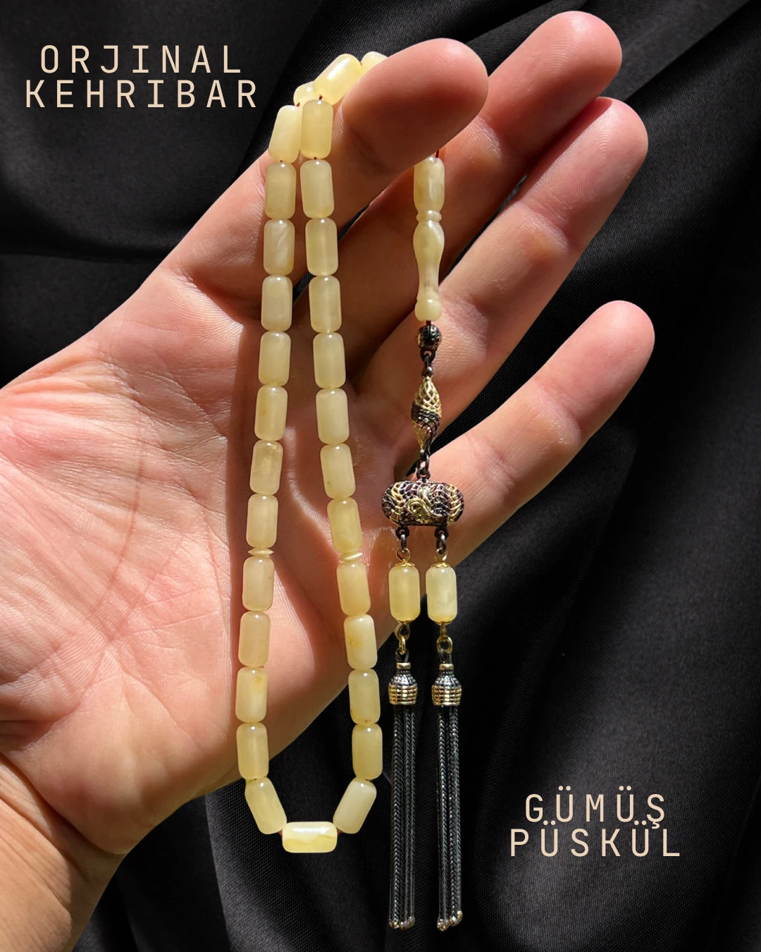 ORJİNAL DAMLA KEHRİBAR TESBİH - 925 AYAR GÜMÜŞ PÜSKÜL