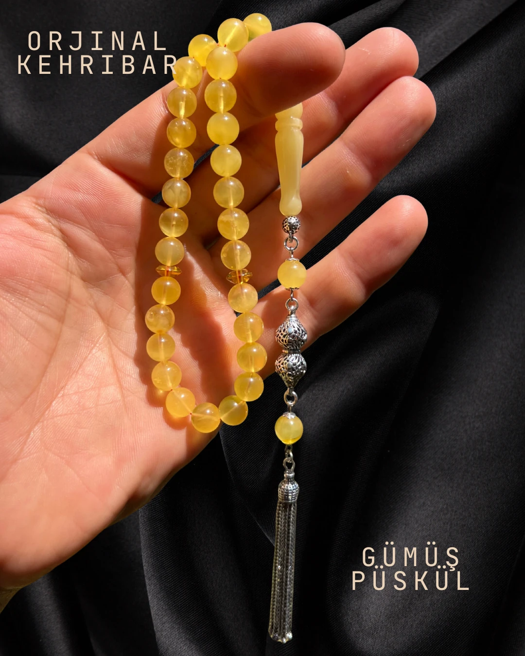 Sertifikalı Baltık Kehribar Tesbih - Gümüş Püskül Tasarım