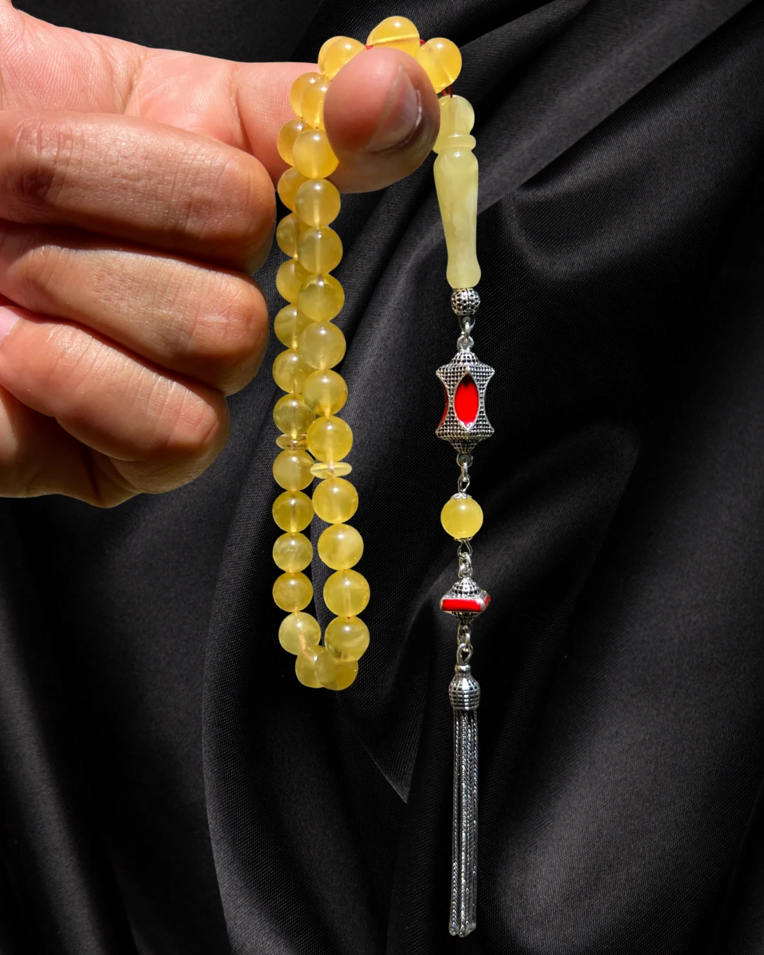 Sertifikalı Baltık Kehribar Tesbih - Gümüş Püskül Tasarım