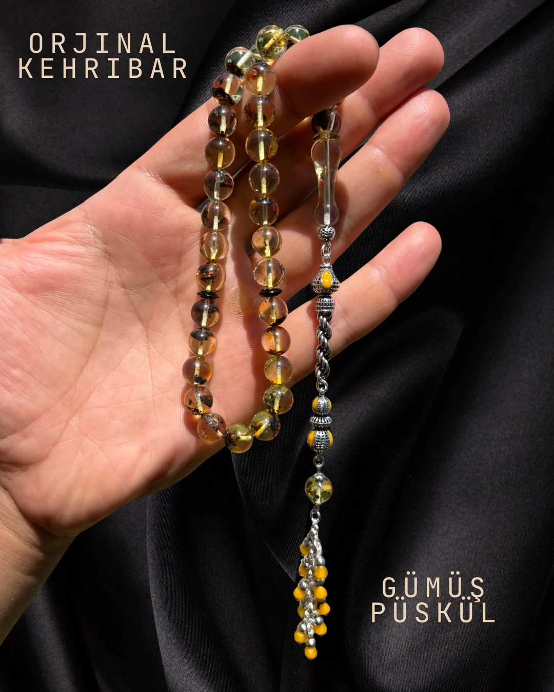 Sertifikalı Baltık Kehribar Tesbih - Gümüş Püskül Tasarım