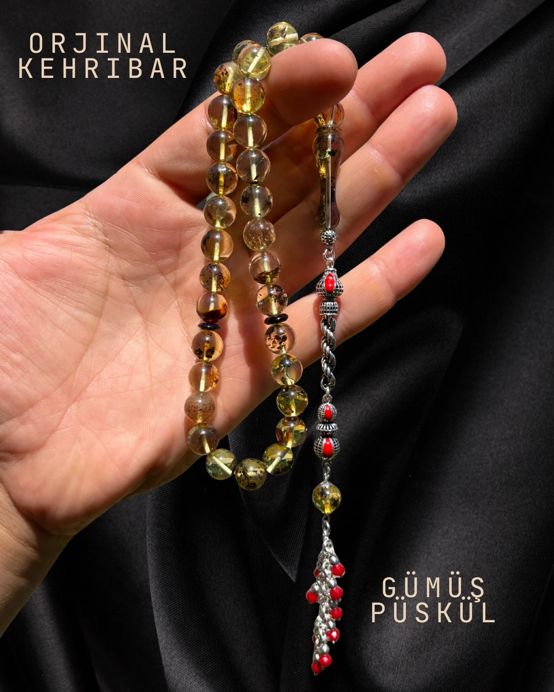 Sertifikalı Baltık Kehribar Tesbih - Gümüş Püskül Tasarım