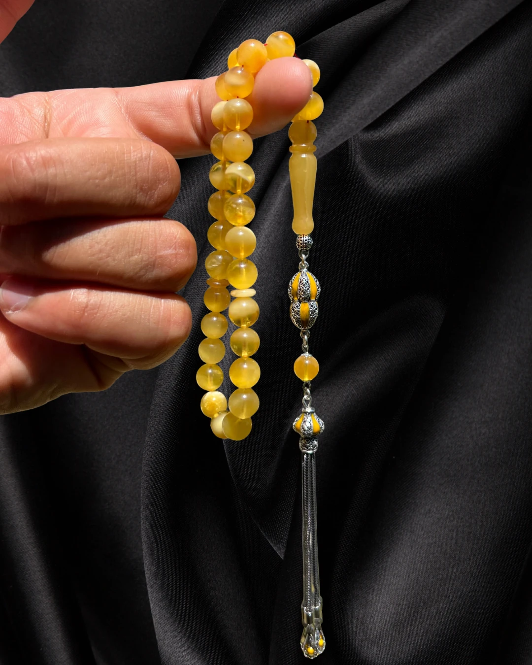 Sertifikalı Baltık Kehribar Tesbih - Gümüş Püskül Tasarım