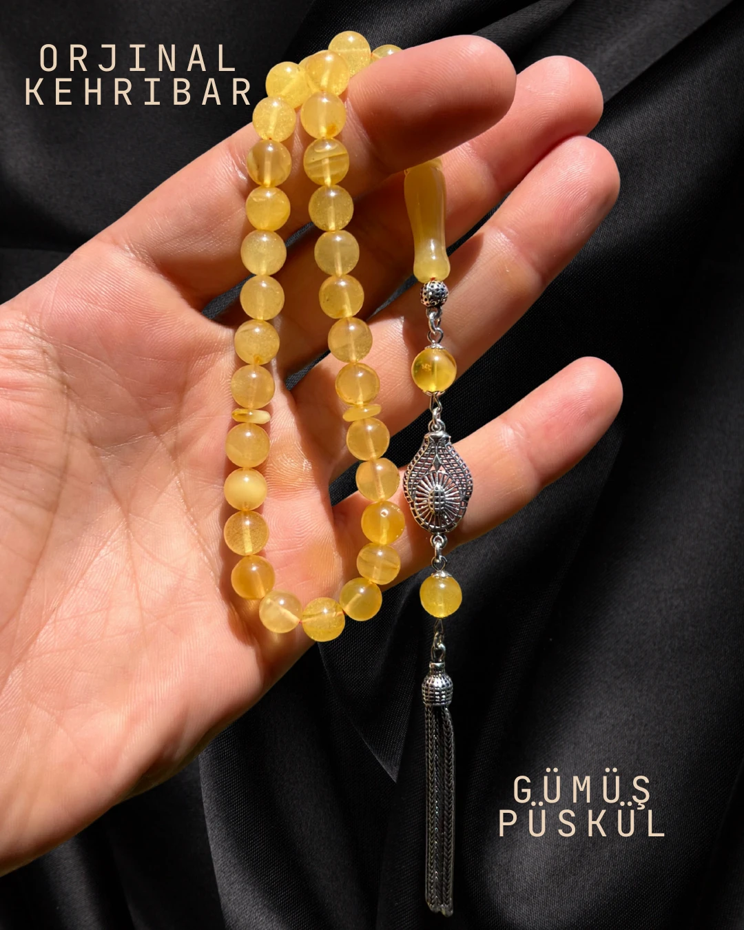 Sertifikalı Baltık Kehribar Tesbih - Gümüş Püskül Tasarım