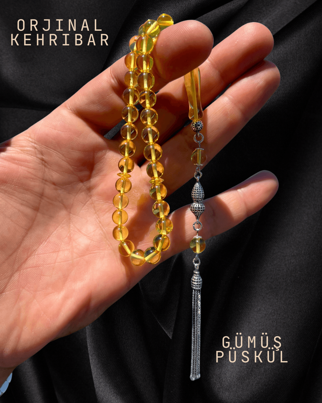ORJİNAL DAMLA KEHRİBAR TESBİH - 925 AYAR GÜMÜŞ PÜSKÜL