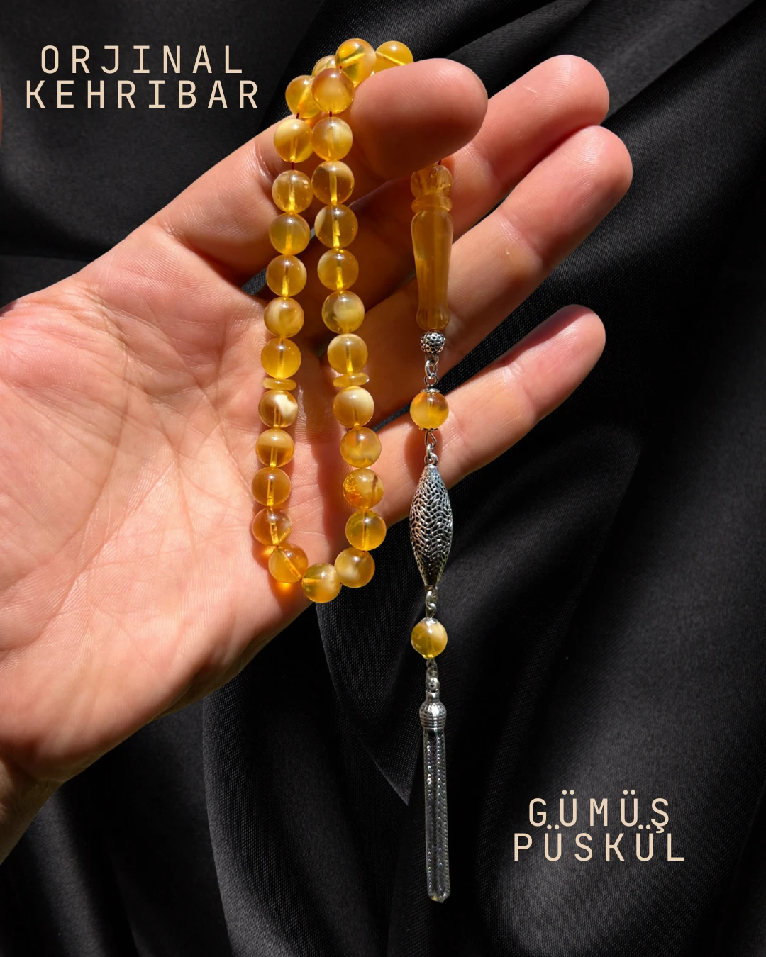 Sertifikalı Baltık Kehribar Tesbih - Gümüş Püskül Tasarım