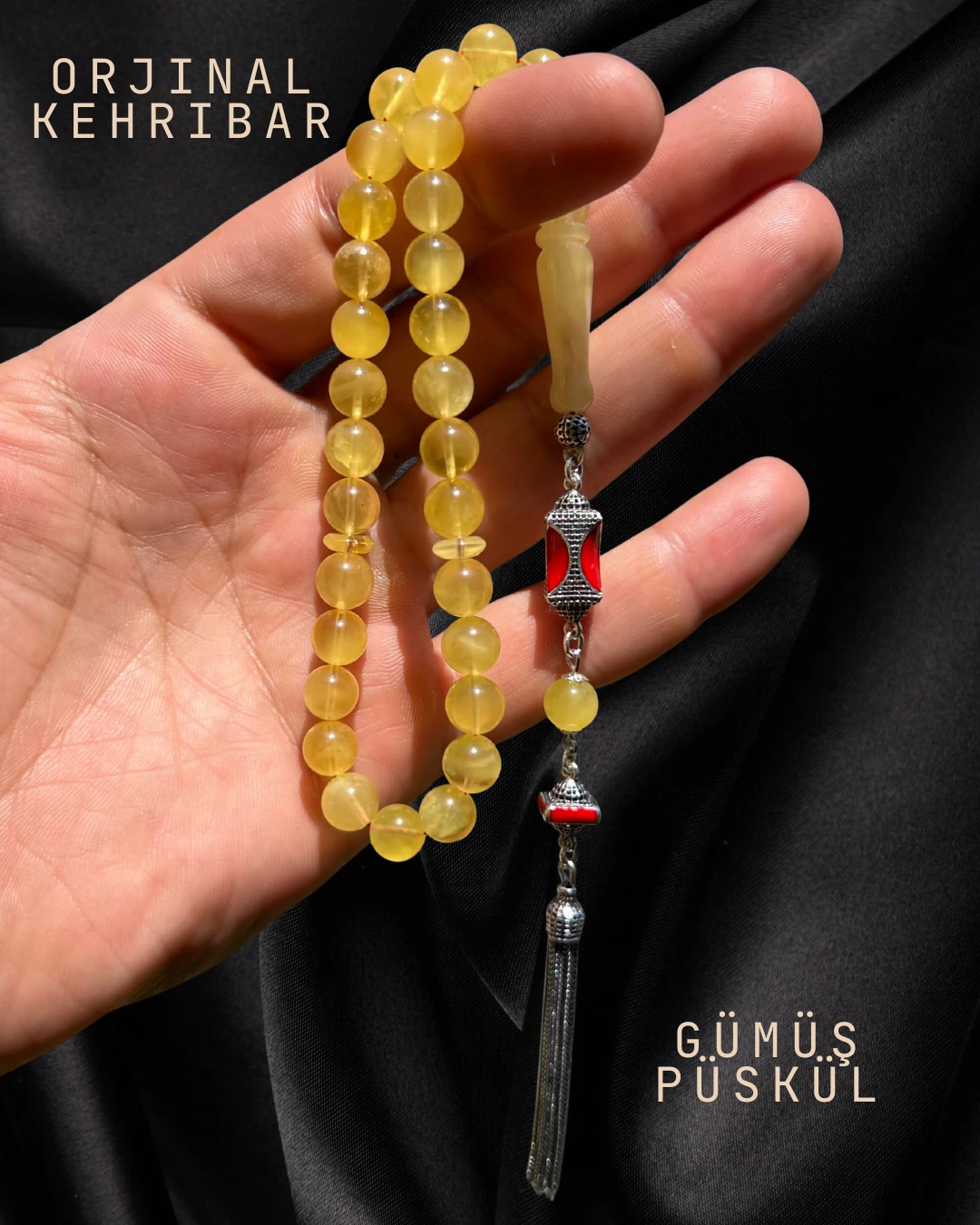 Sertifikalı Baltık Kehribar Tesbih - Gümüş Püskül Tasarım