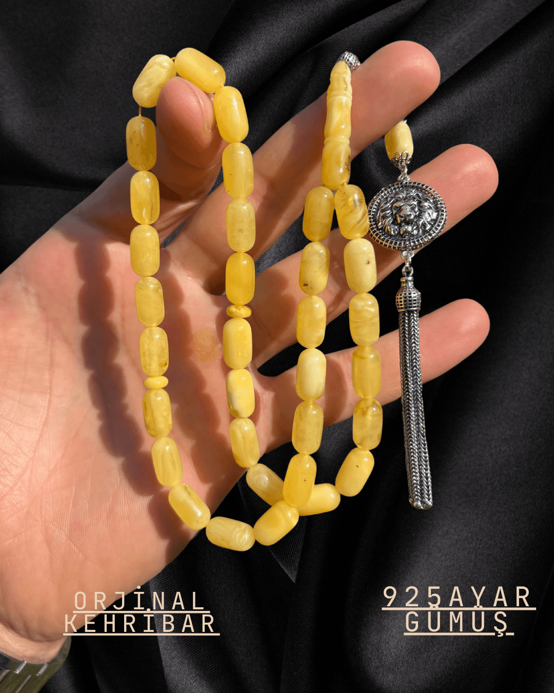 Damla Kehribar Tesbih-925 Ayar Gümüş Püskül Tasarım