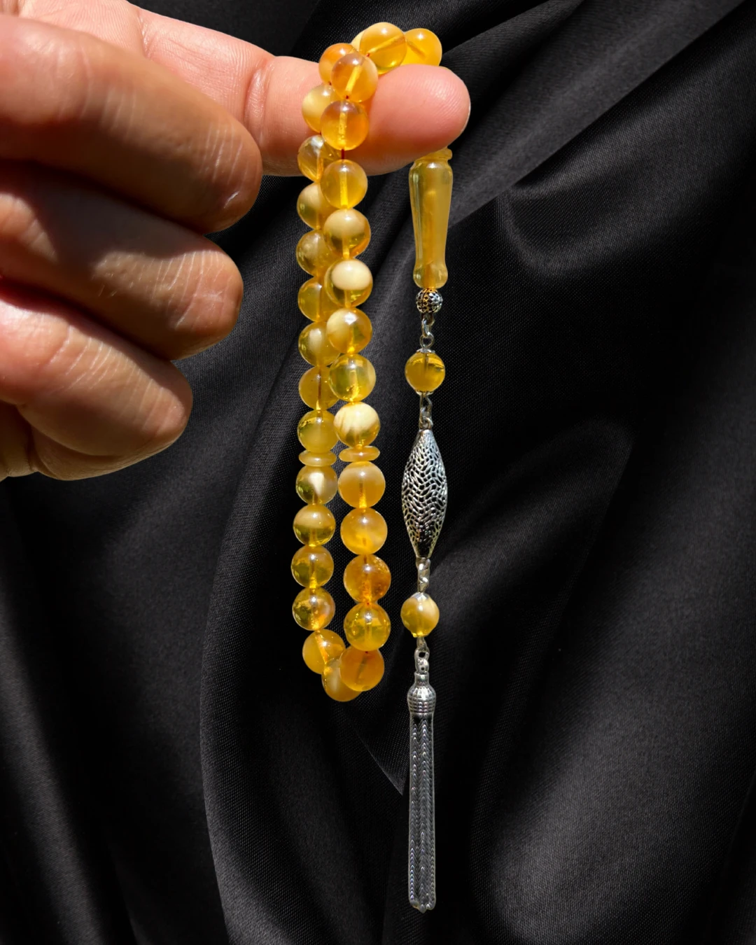 Sertifikalı Baltık Kehribar Tesbih - Gümüş Püskül Tasarım