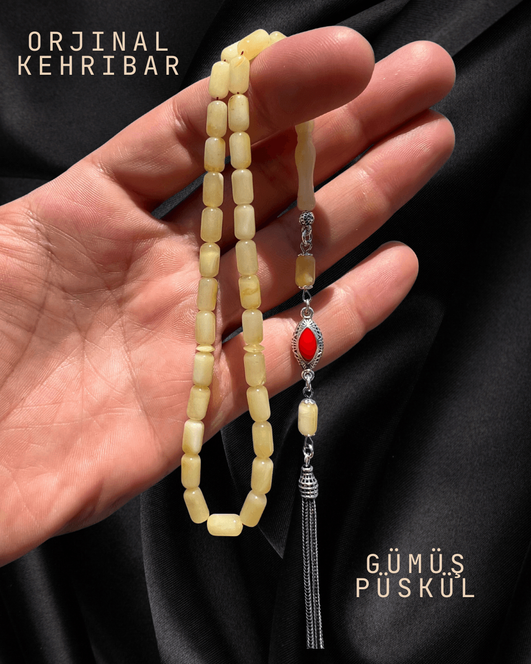 ORJİNAL DAMLA KEHRİBAR TESBİH - 925 AYAR GÜMÜŞ PÜSKÜL