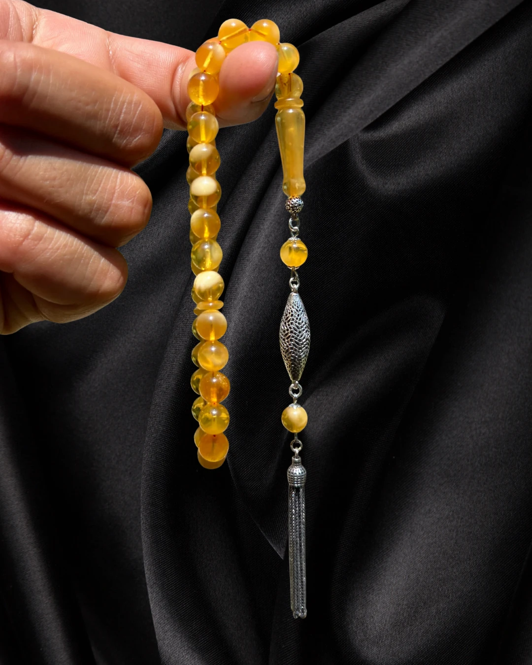 Sertifikalı Baltık Kehribar Tesbih - Gümüş Püskül Tasarım