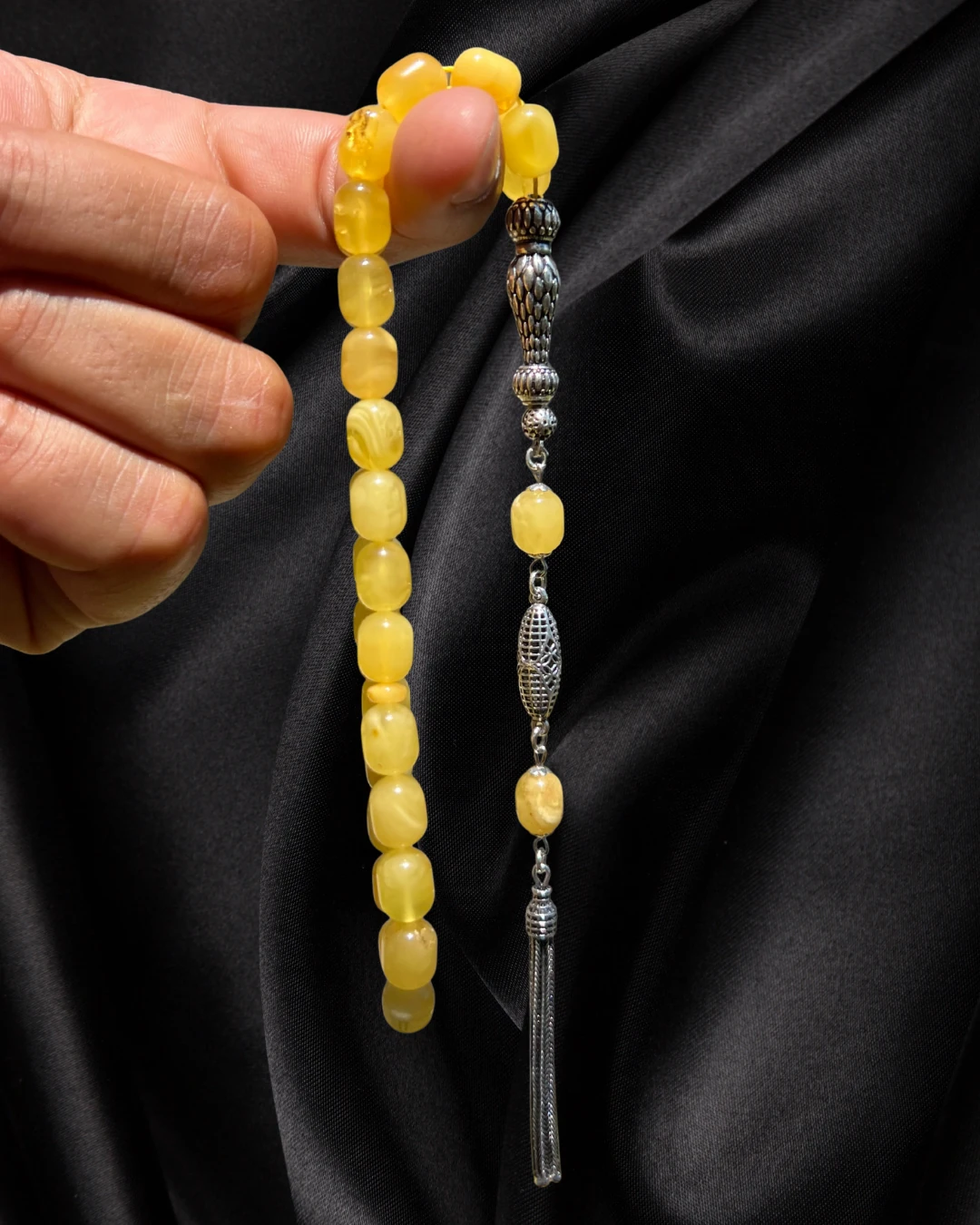 Sertifikalı Baltık Kehribar Tesbih - Gümüş Püskül Tasarım