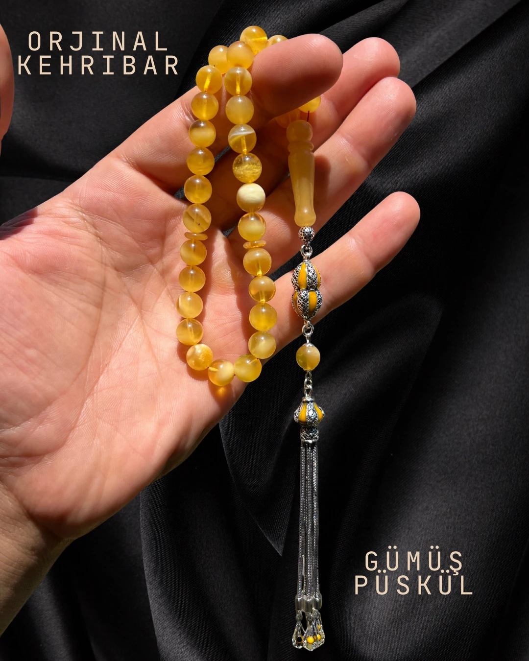 Sertifikalı Baltık Kehribar Tesbih - Gümüş Püskül Tasarım