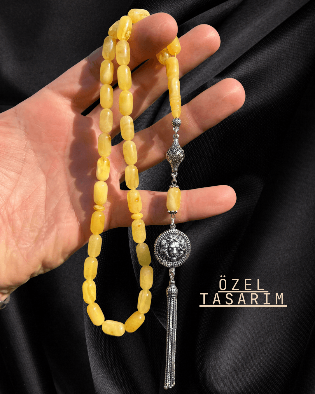 Damla Kehribar Tesbih-925 Ayar Gümüş Püskül Tasarım