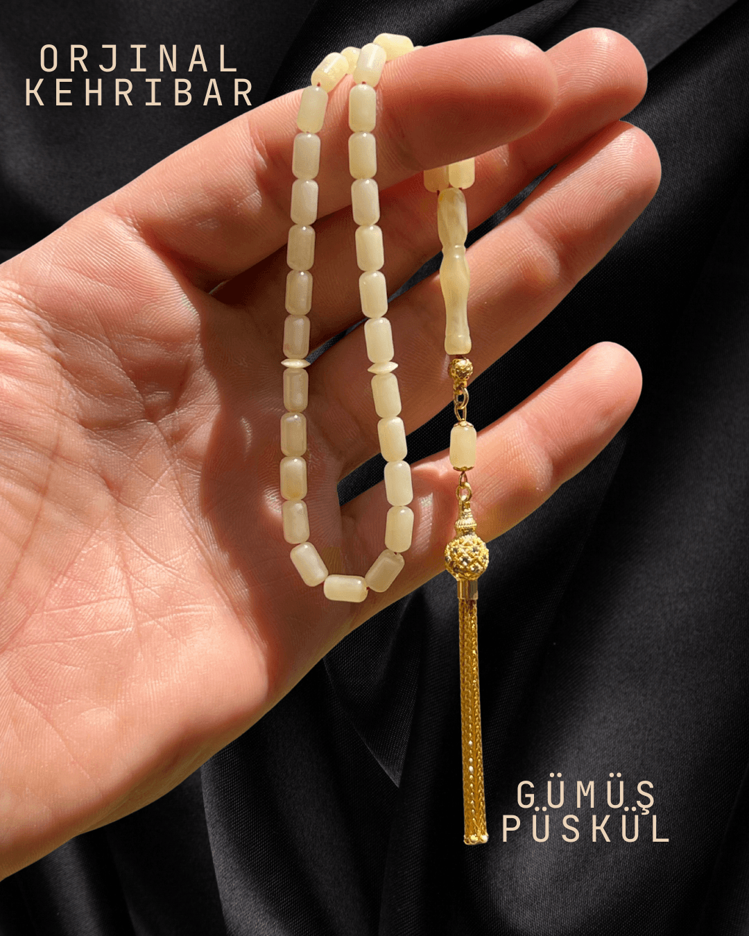 ORJİNAL DAMLA KEHRİBAR TESBİH - 925 AYAR GÜMÜŞ PÜSKÜL