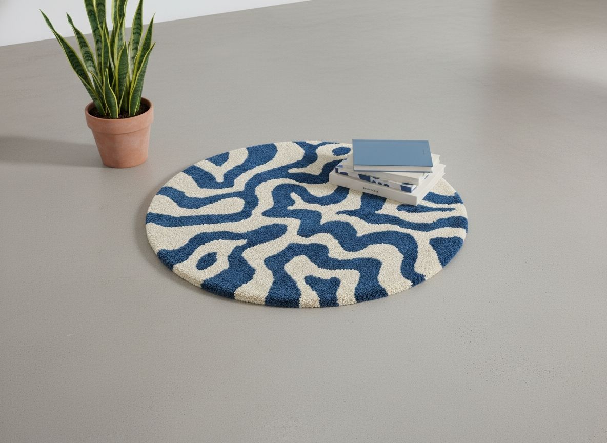 Dinamik Mavi ve Krem Soyut Desenli Cut Pile Yuvarlak Halı