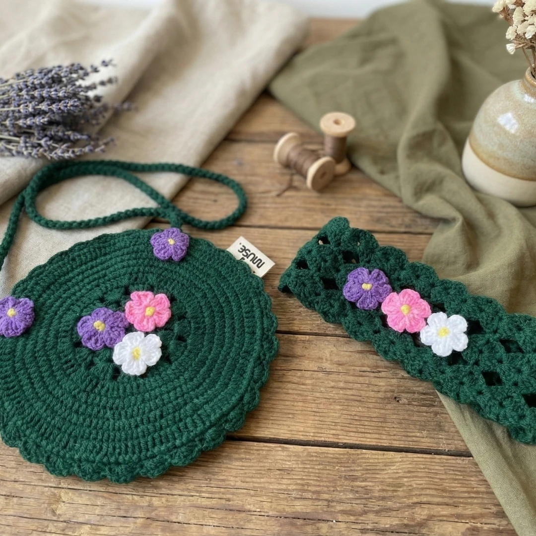 Forest Garden - Saç Bandı Hediyeli Yeşil Örgü Çanta Seti