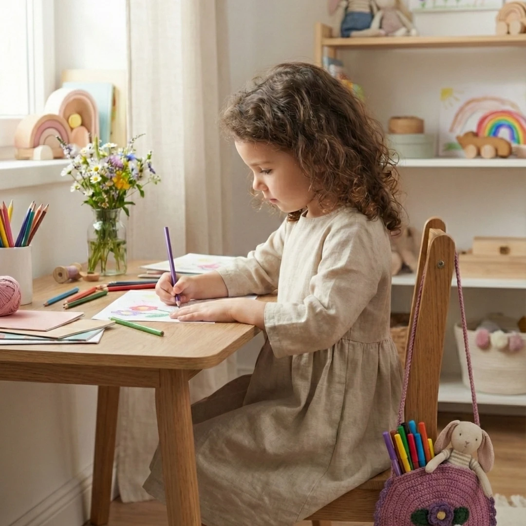 Rosy Garden - Yaprak Detaylı Yuvarlak Örgü Çocuk Çantası