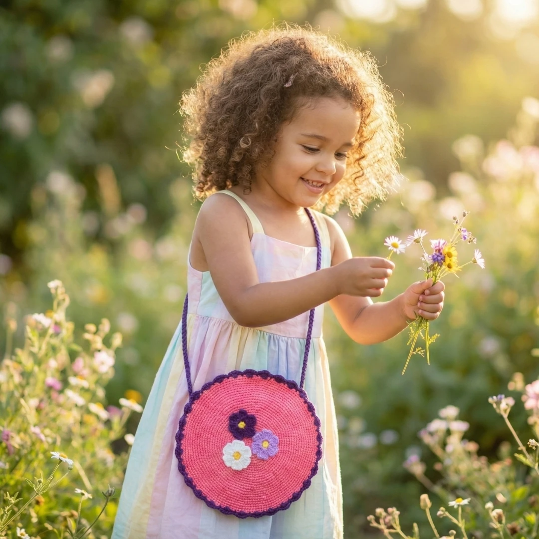 Violet Circle - Yuvarlak Çiçekli El Örgüsü Çocuk Çantası