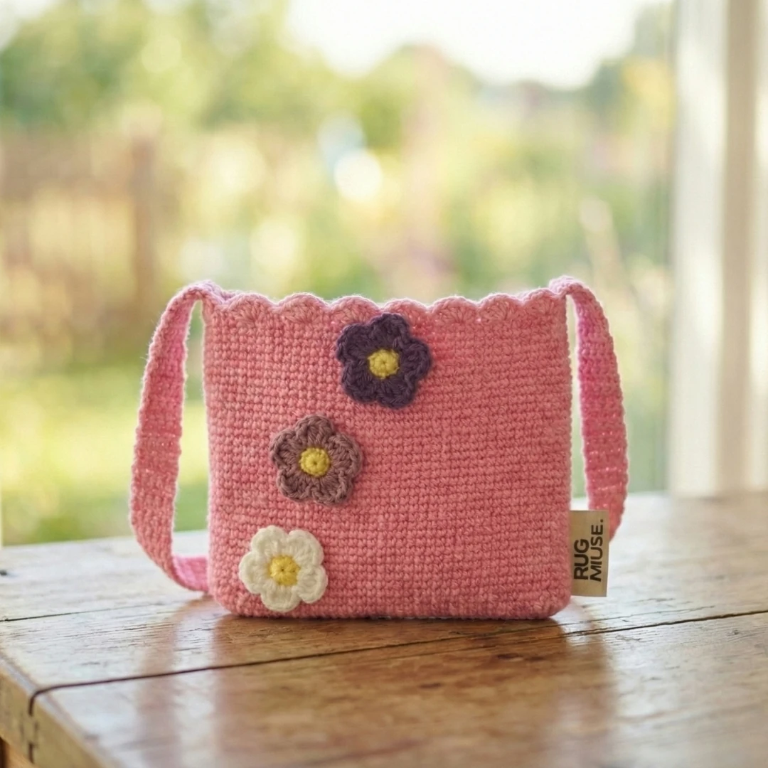 Pinky Bloom - 3D Çiçekli El Yapımı Örgü Çocuk Çantası
